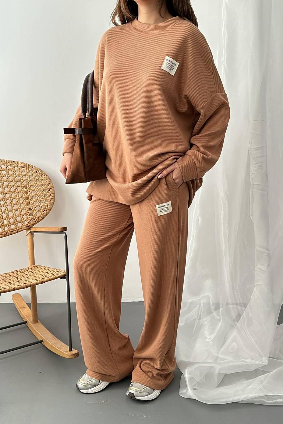 Camel Klasik Fitilli Kazak Ve Pantolon Takım