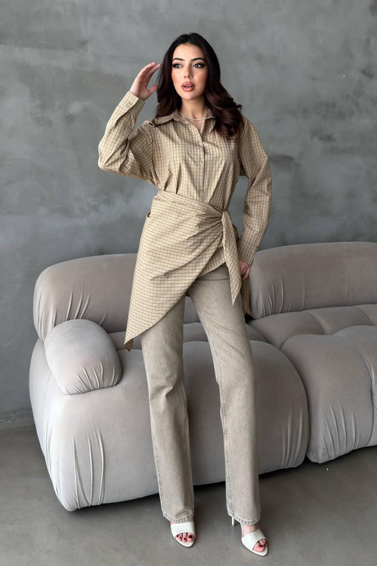 Camel Şal Detaylı Oversıze Gömlek