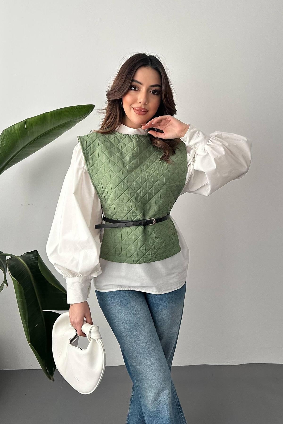 Haki Kemerli Gömlek Ve Panço Takım
