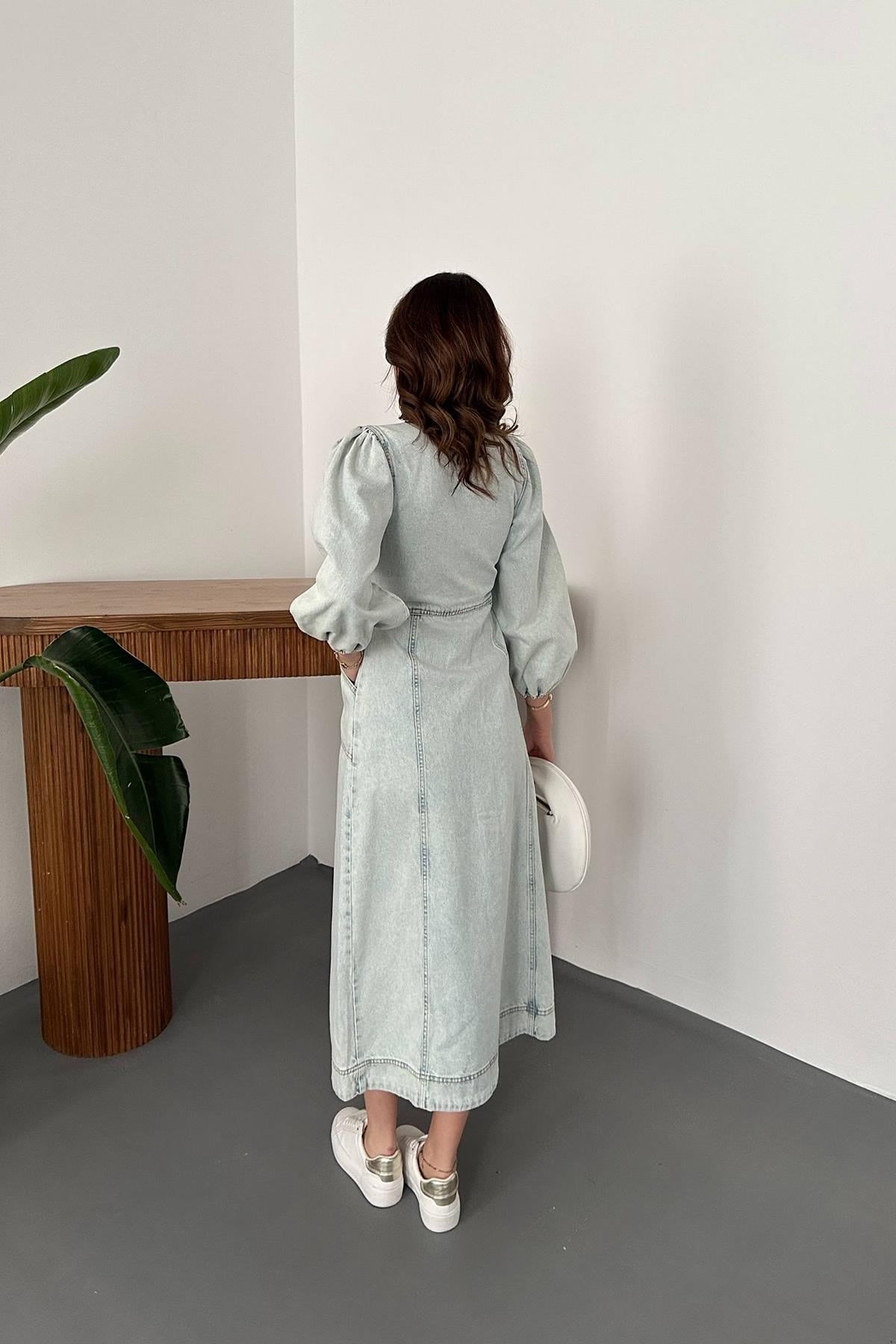 Kar Yıkama Balon Kol Kot Elbise
