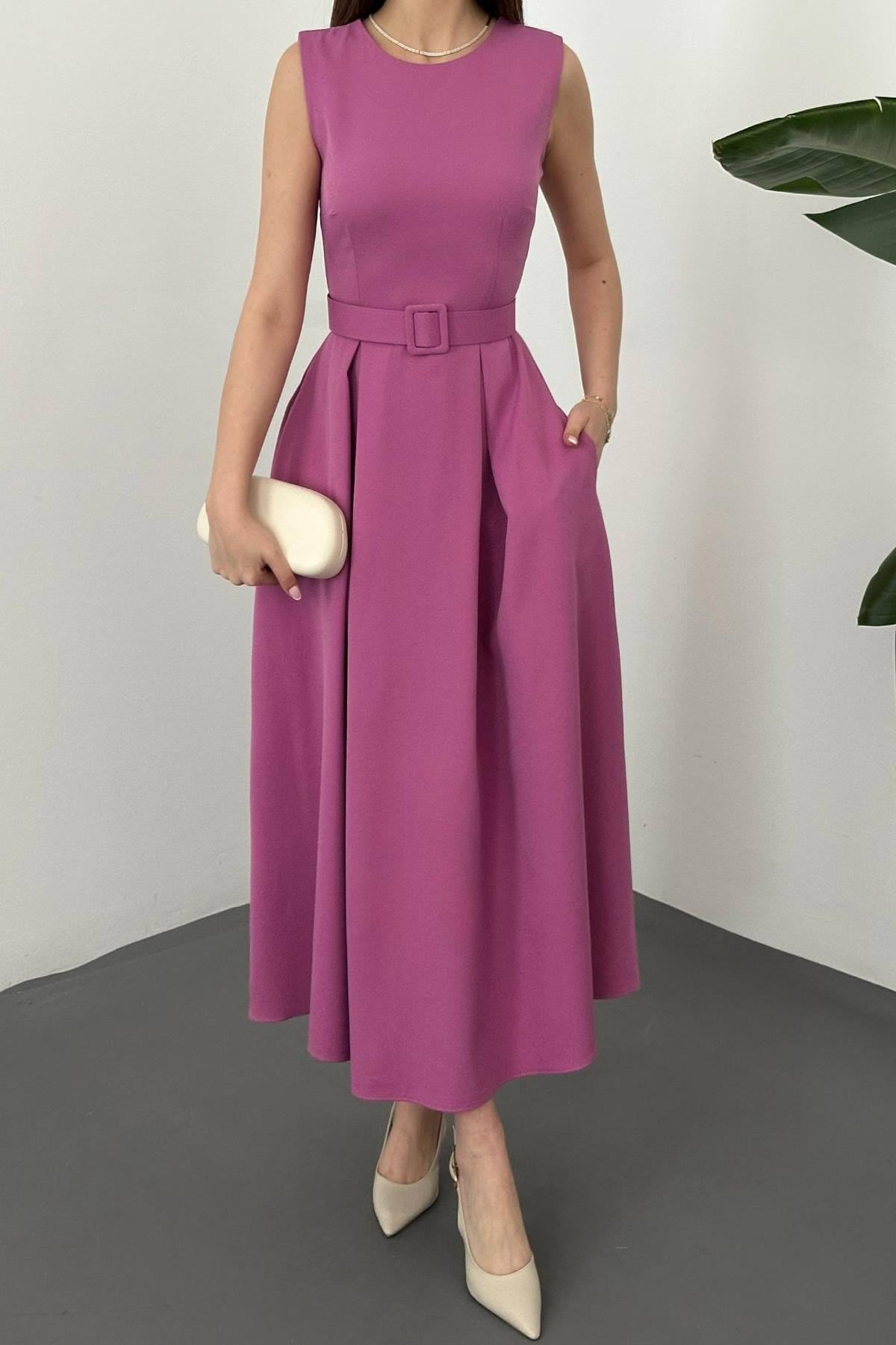 Lila Halter Yaka Kloş Elbise