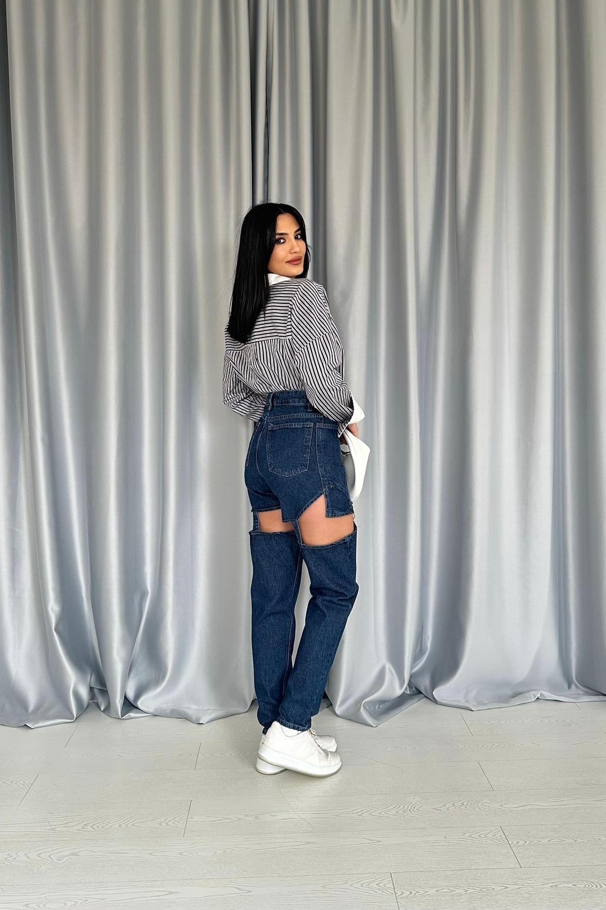 Mavi Askılı İki Parça Jeans Pantolon