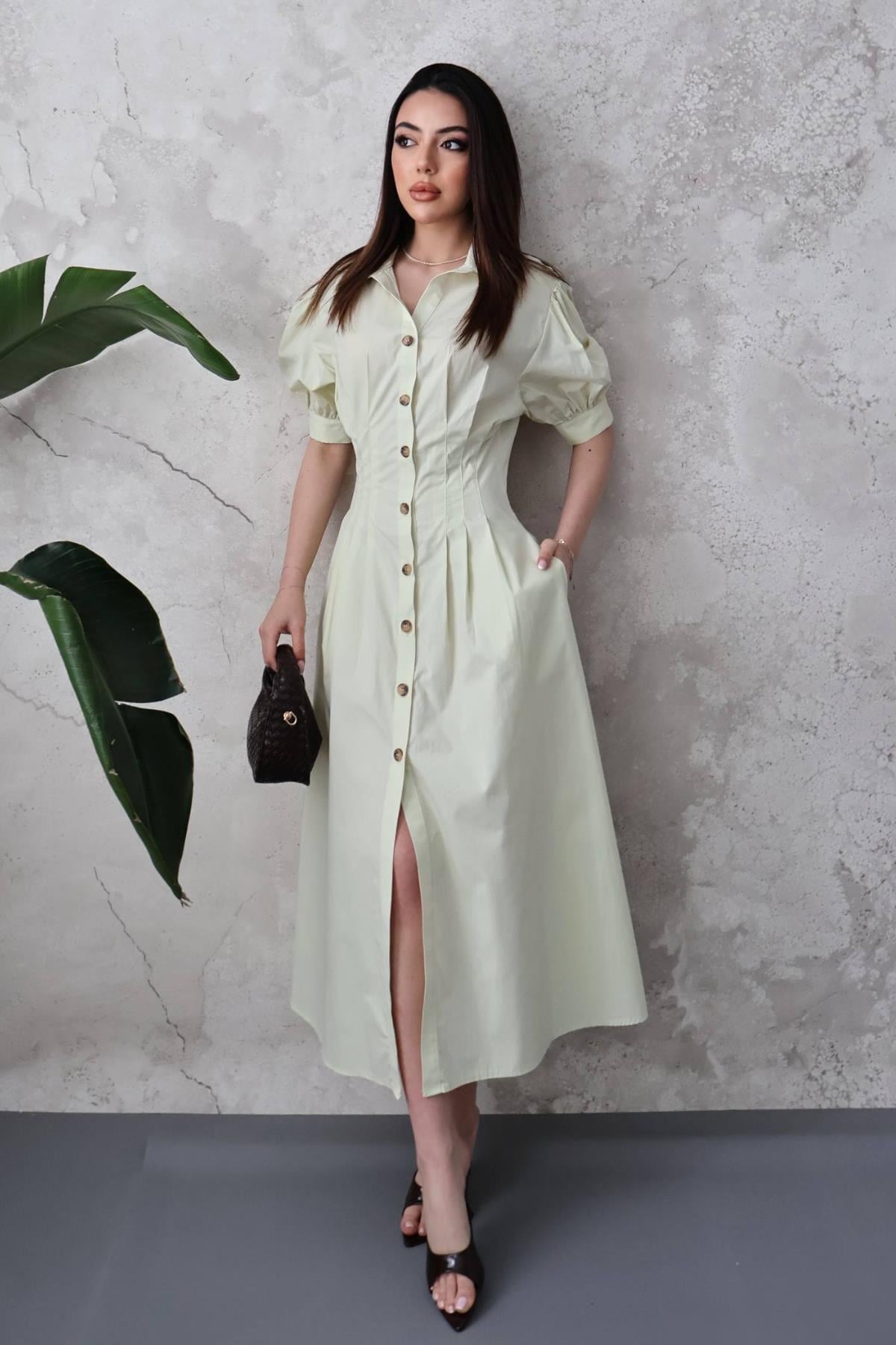 Mint Pileli Poplin Elbise
