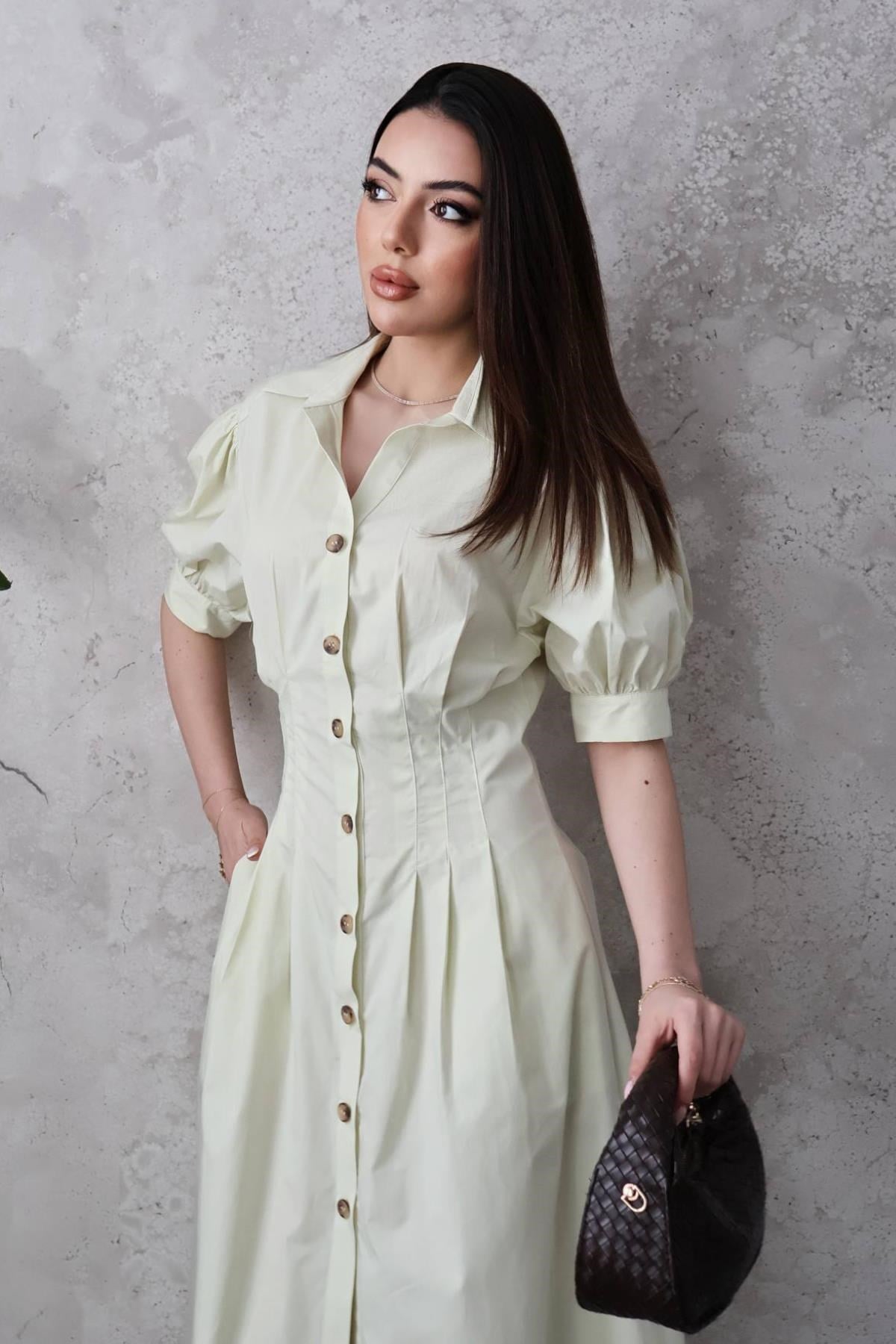 Mint Pileli Poplin Elbise