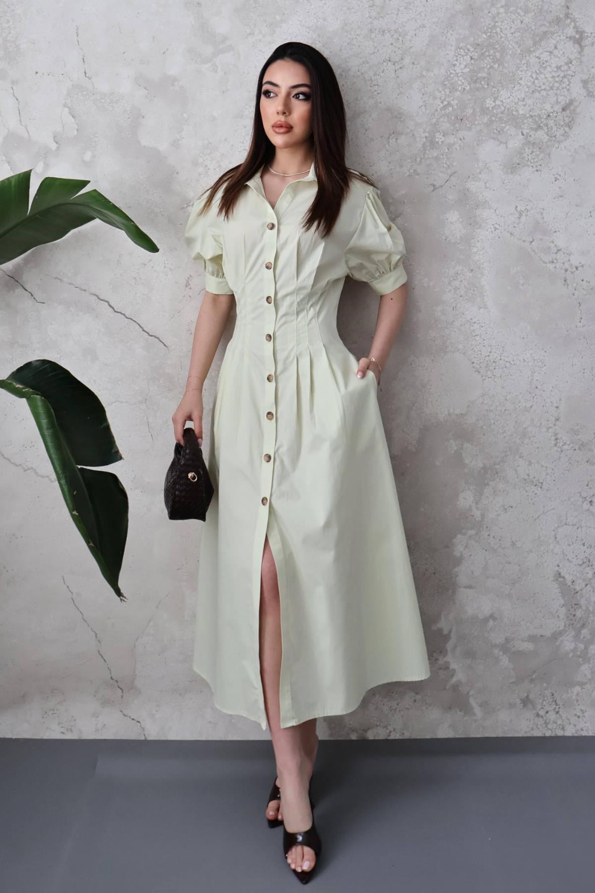 Mint Pileli Poplin Elbise