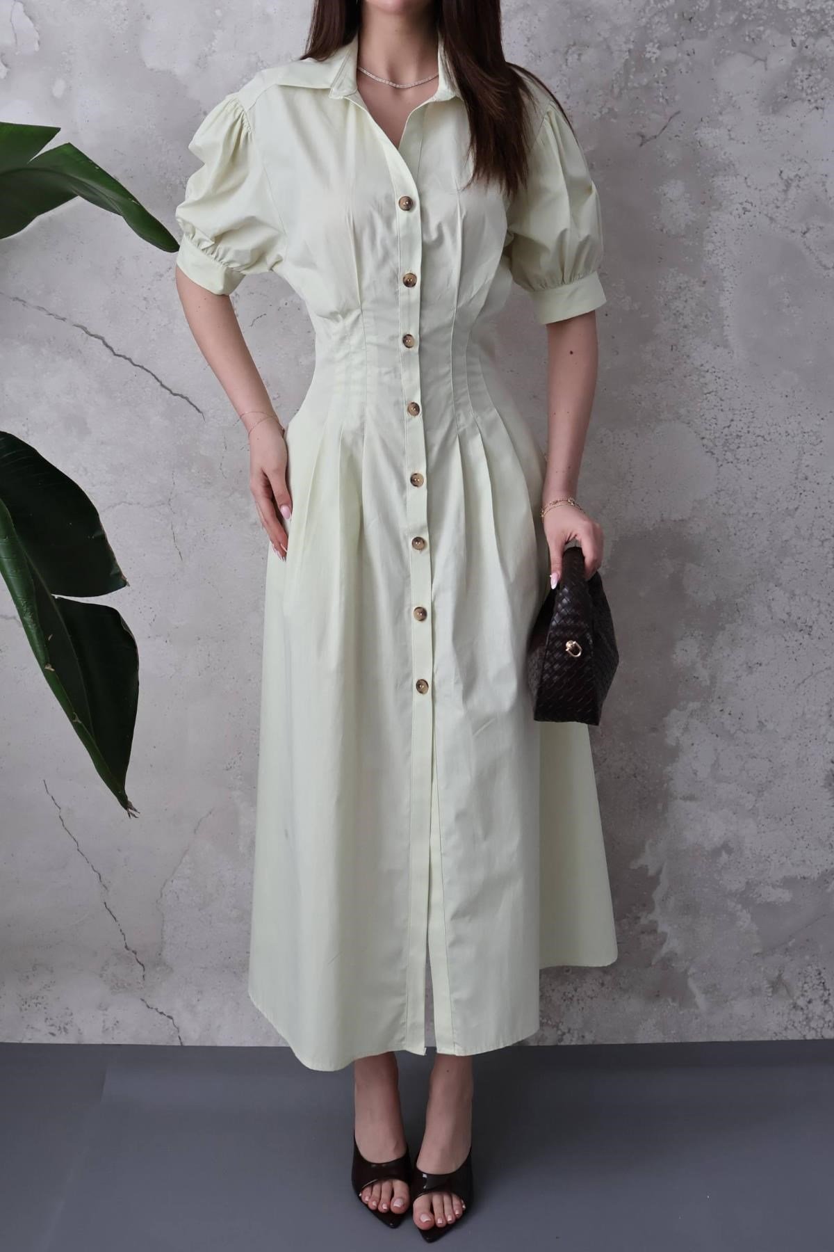 Mint Pileli Poplin Elbise