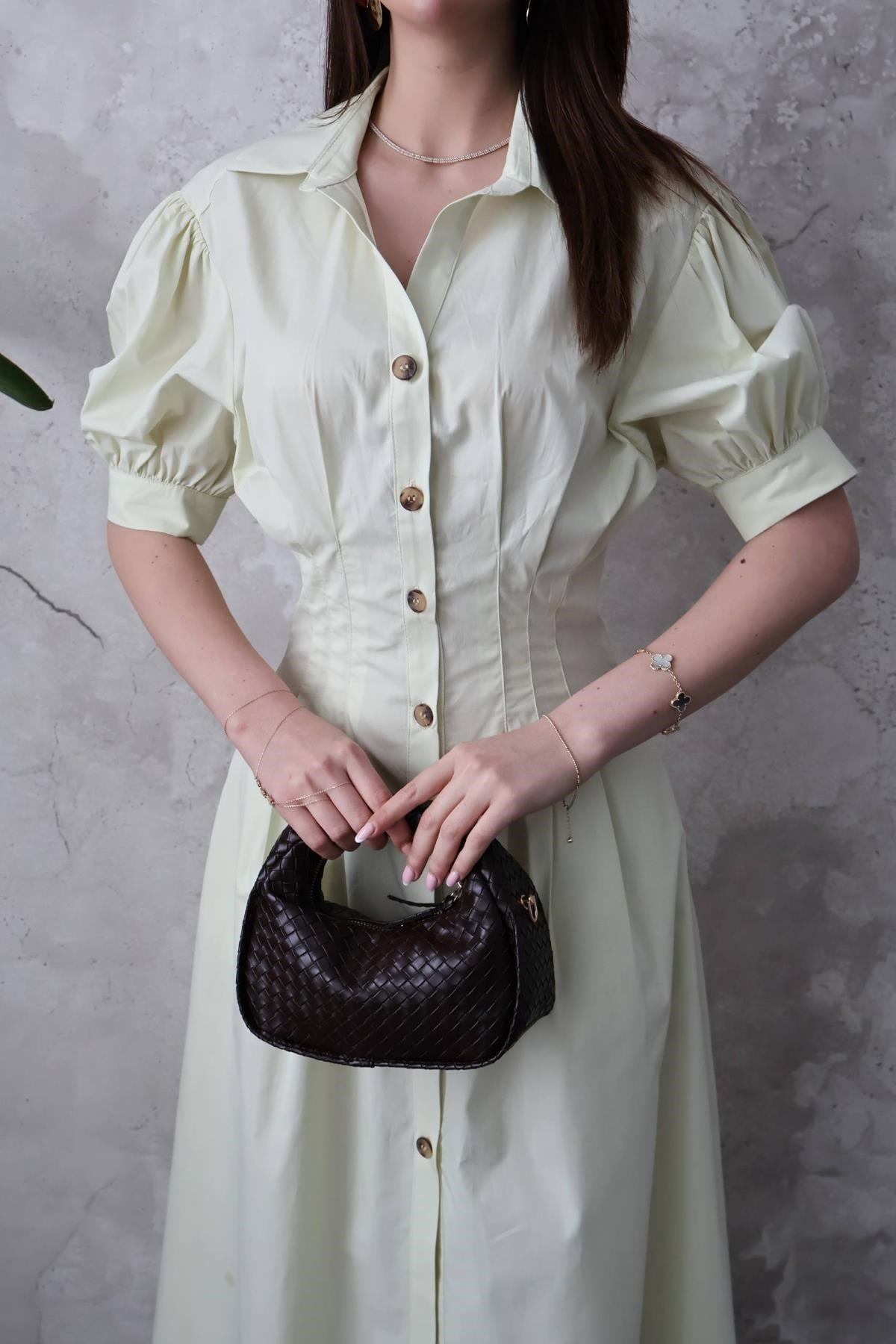 Mint Pileli Poplin Elbise