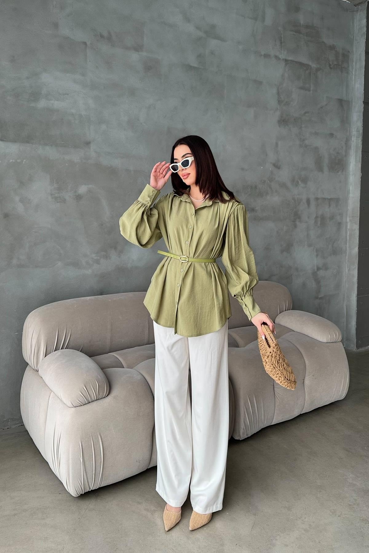 Olive Kemer Detaylı Modal Gömlek