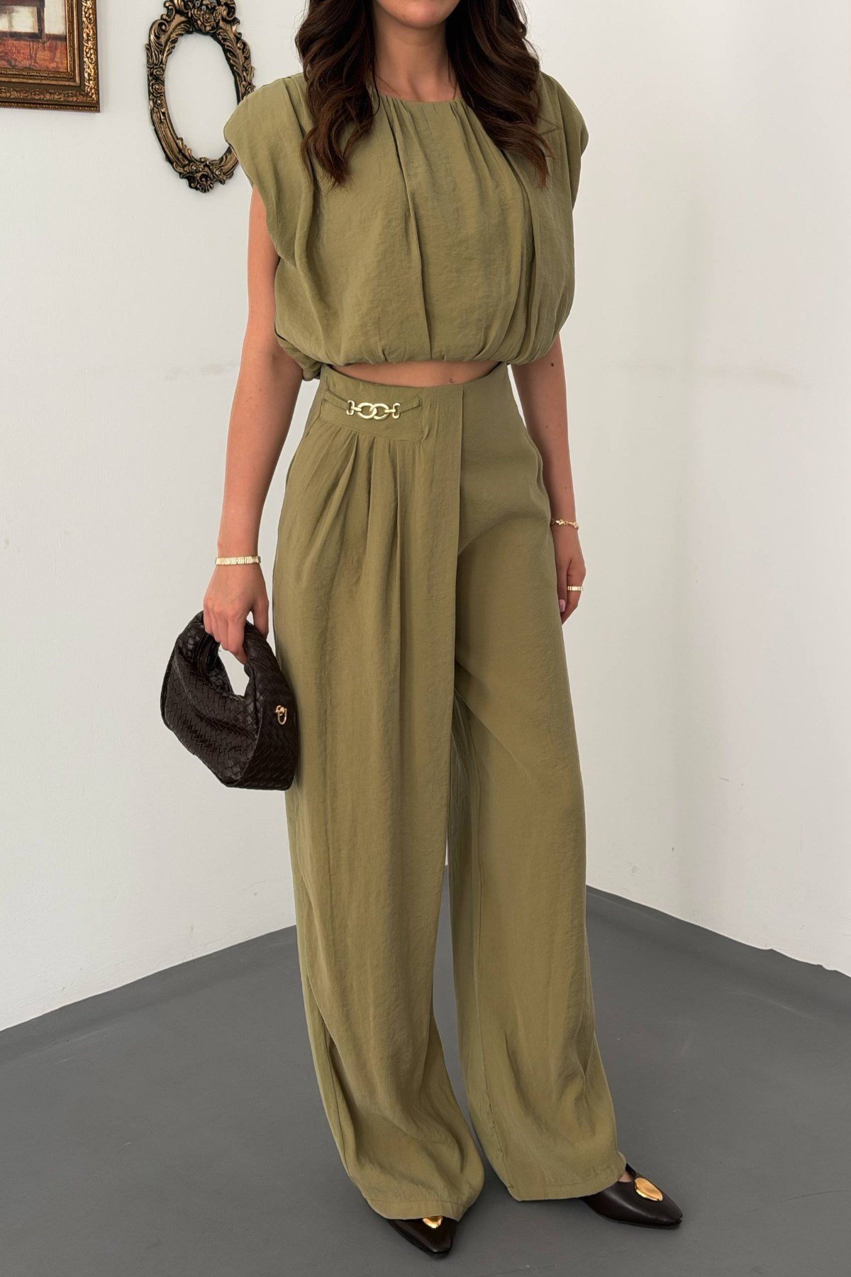Olive Modal Bluz Ve Pantolon Takım