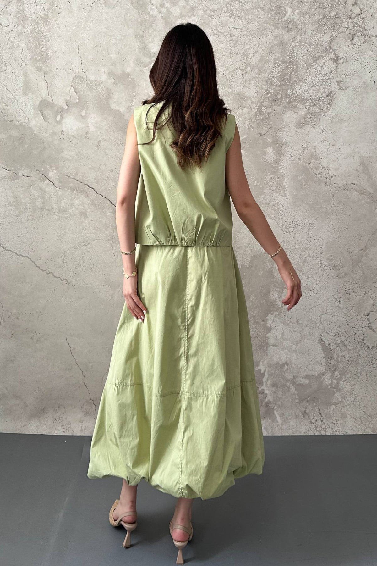 Olive Poplin Yelek Etek Takım