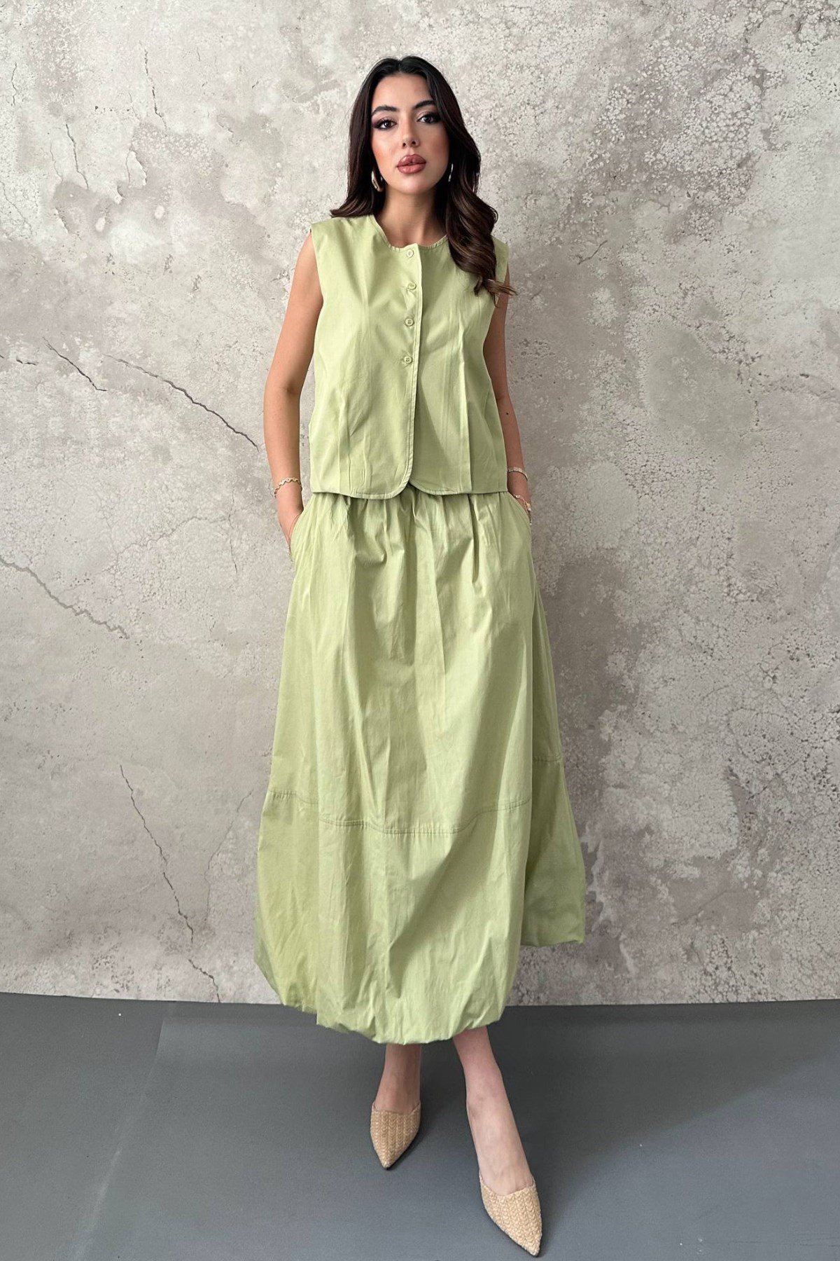 Olive Poplin Yelek Etek Takım