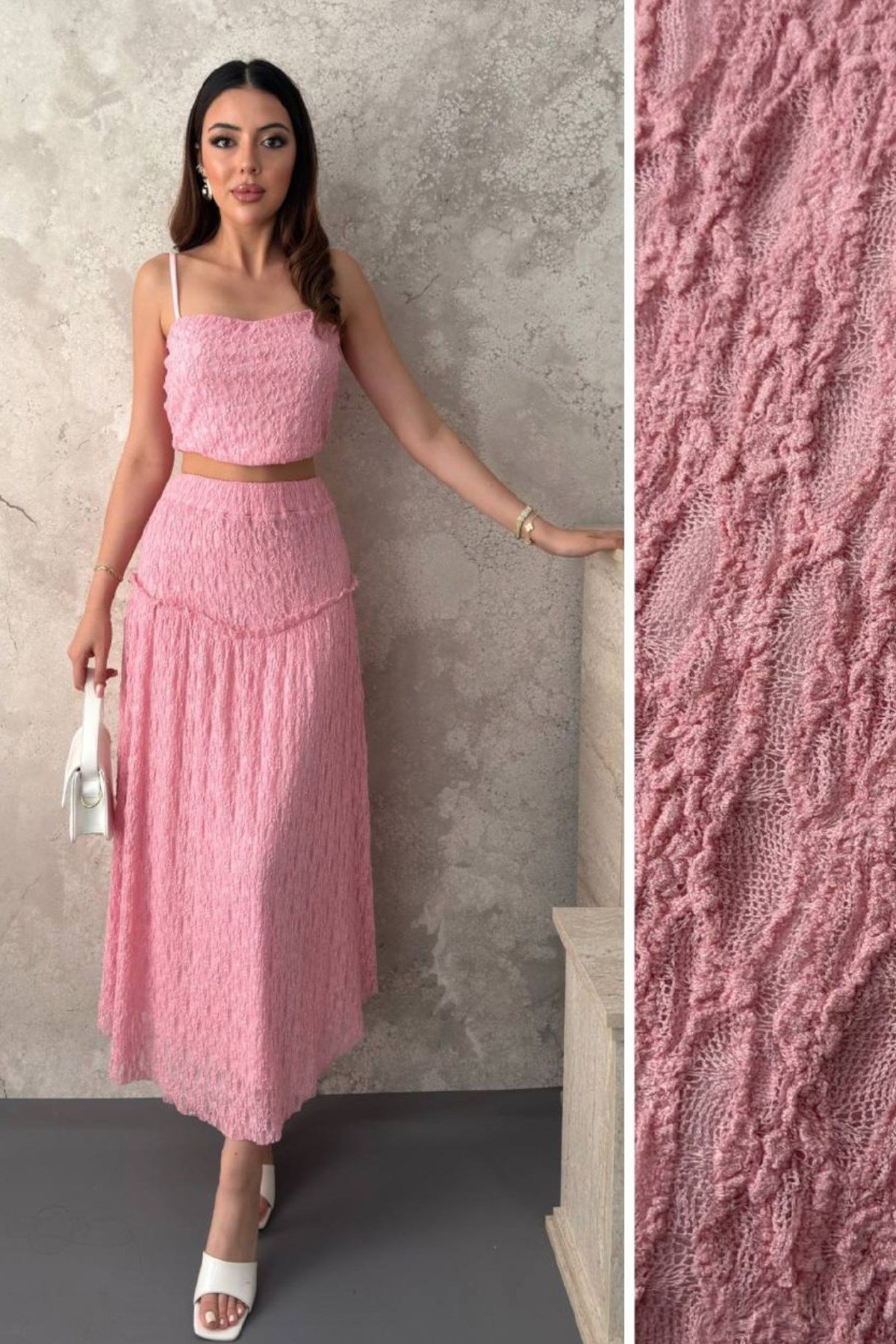 Pembe Dantel Bluz Ve Fırfırlı Etek Takım