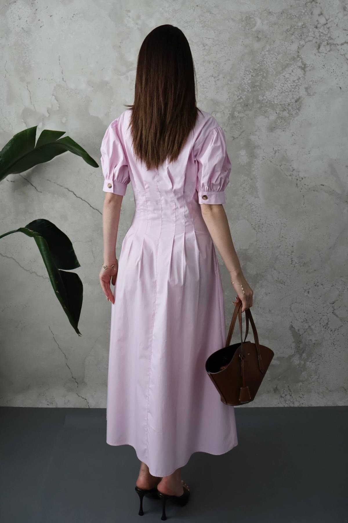 Pembe Pileli Poplin Elbise