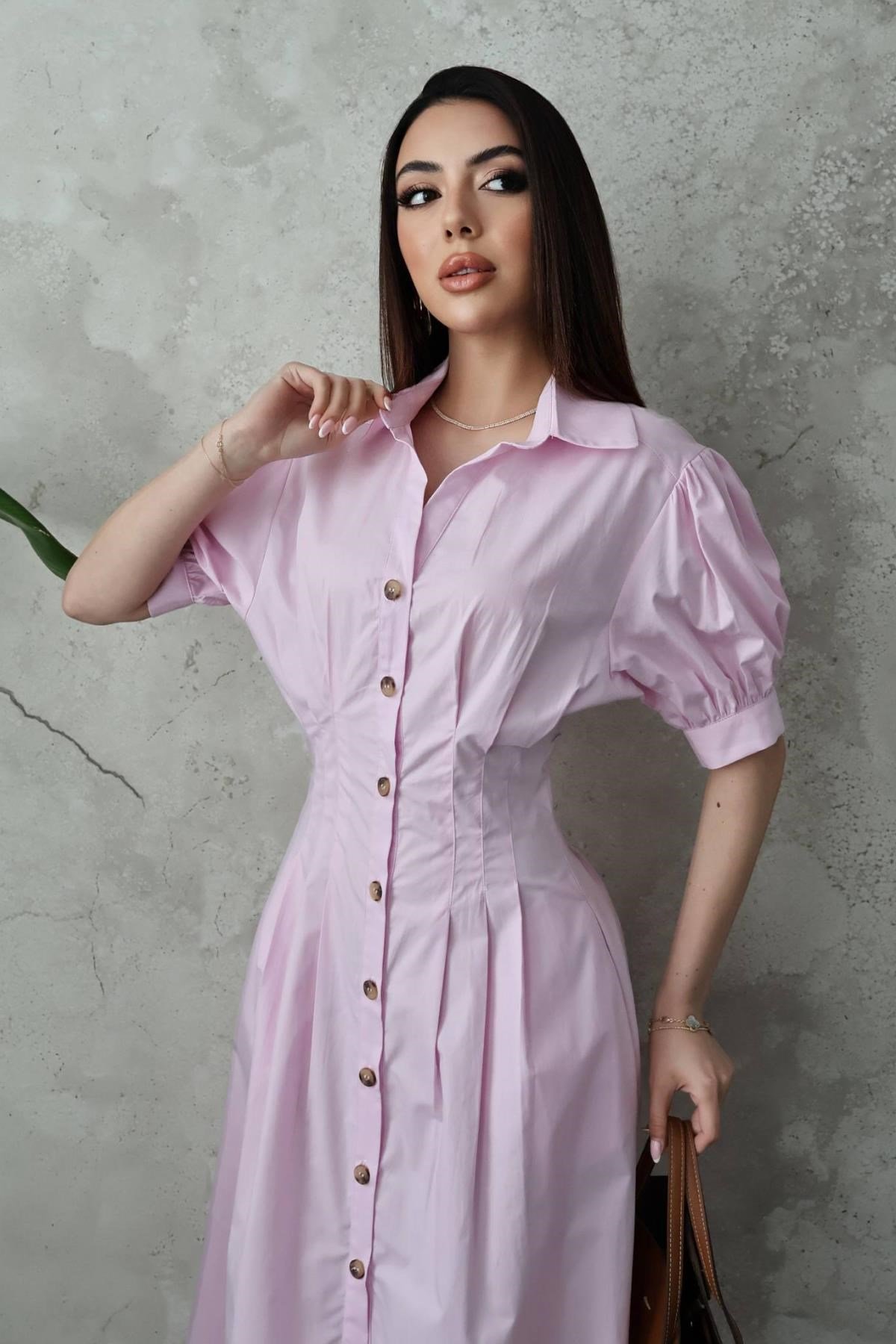 Pembe Pileli Poplin Elbise