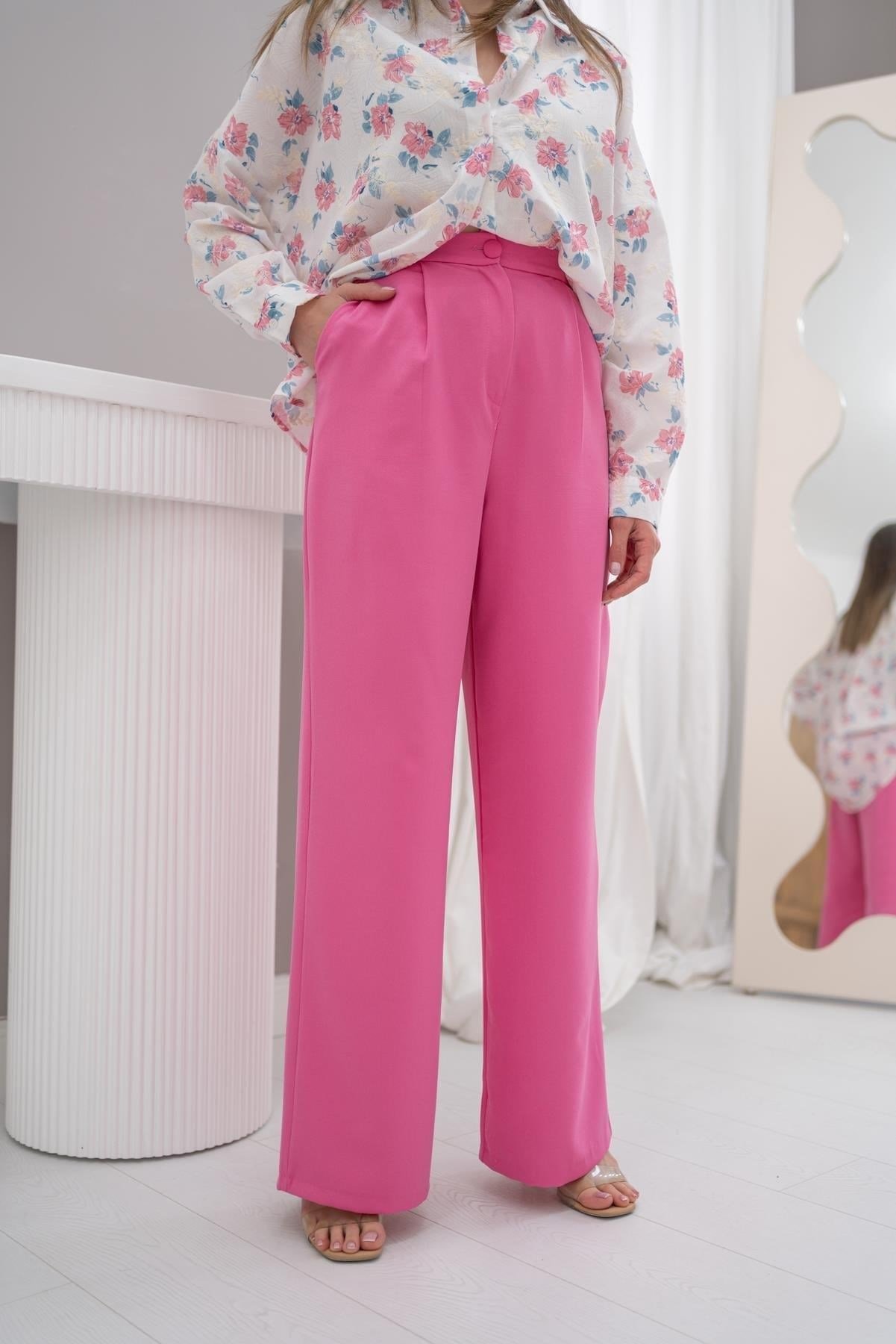 Pembe Yüksek Bel Wide Leg Pantolon