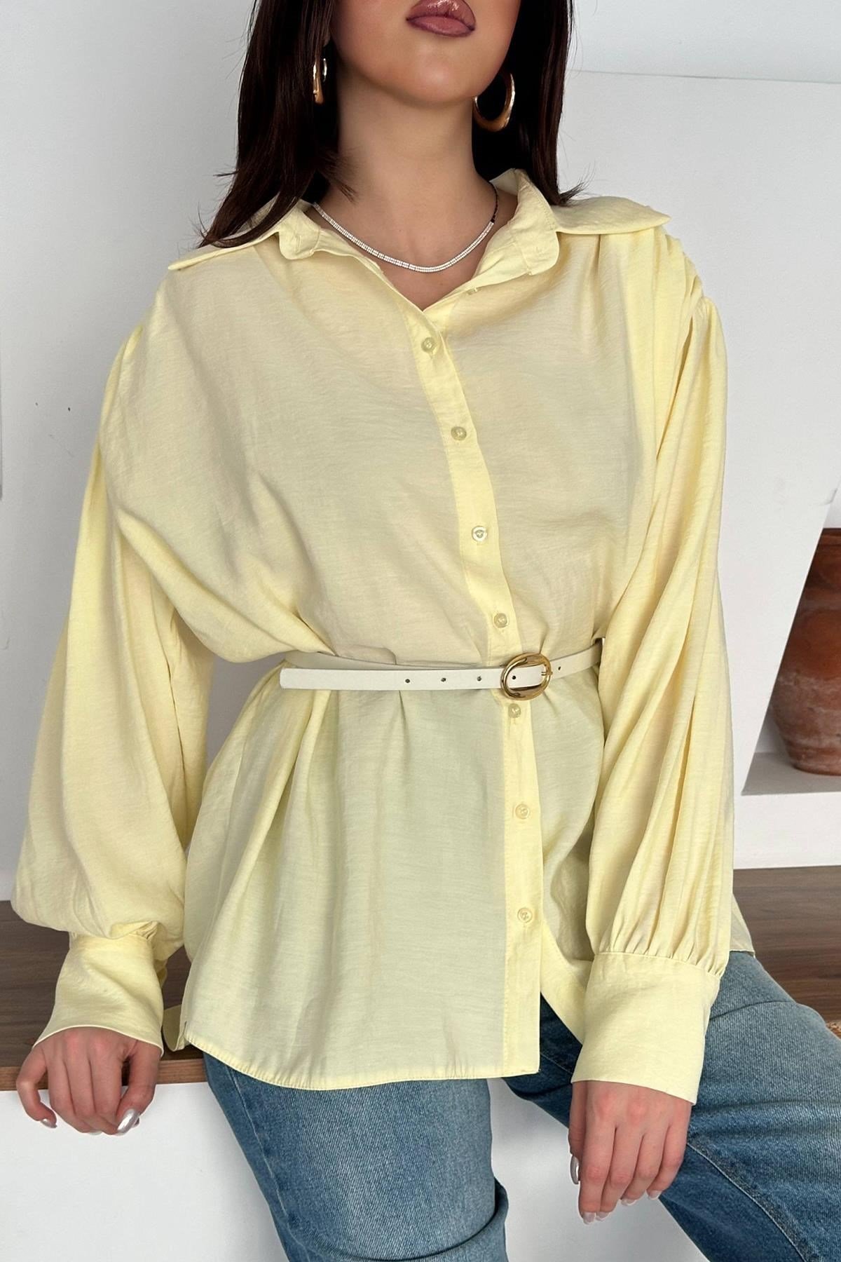 Sarı Kemer Detaylı Modal Gömlek
