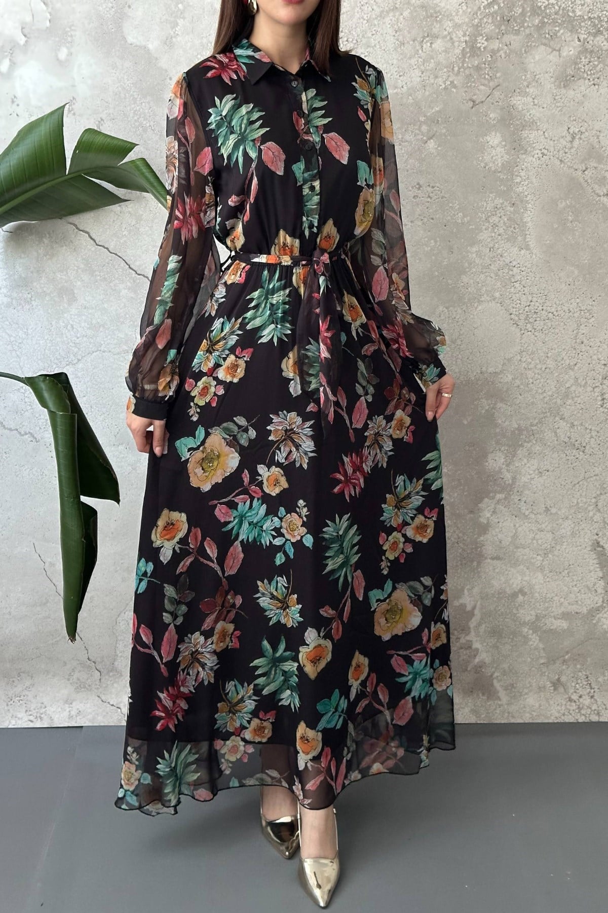 Siyah Çiçekli Şifon Elbise