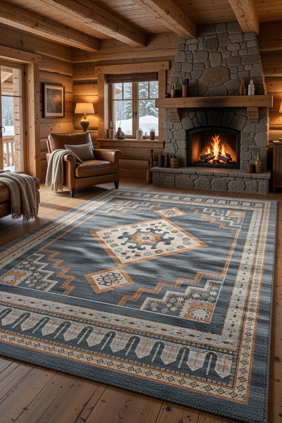 Antrasit Geometrik Madalyonlu Kaymaz Taban Salon Halısı 2279
