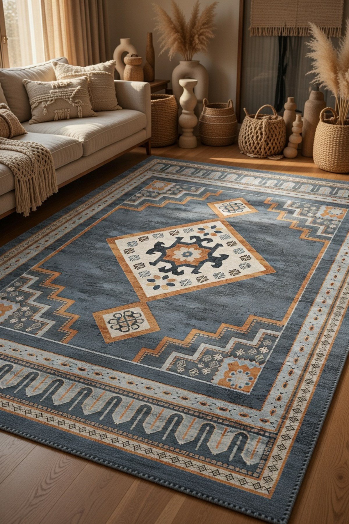 Antrasit Geometrik Madalyonlu Kaymaz Taban Salon Halısı 2279