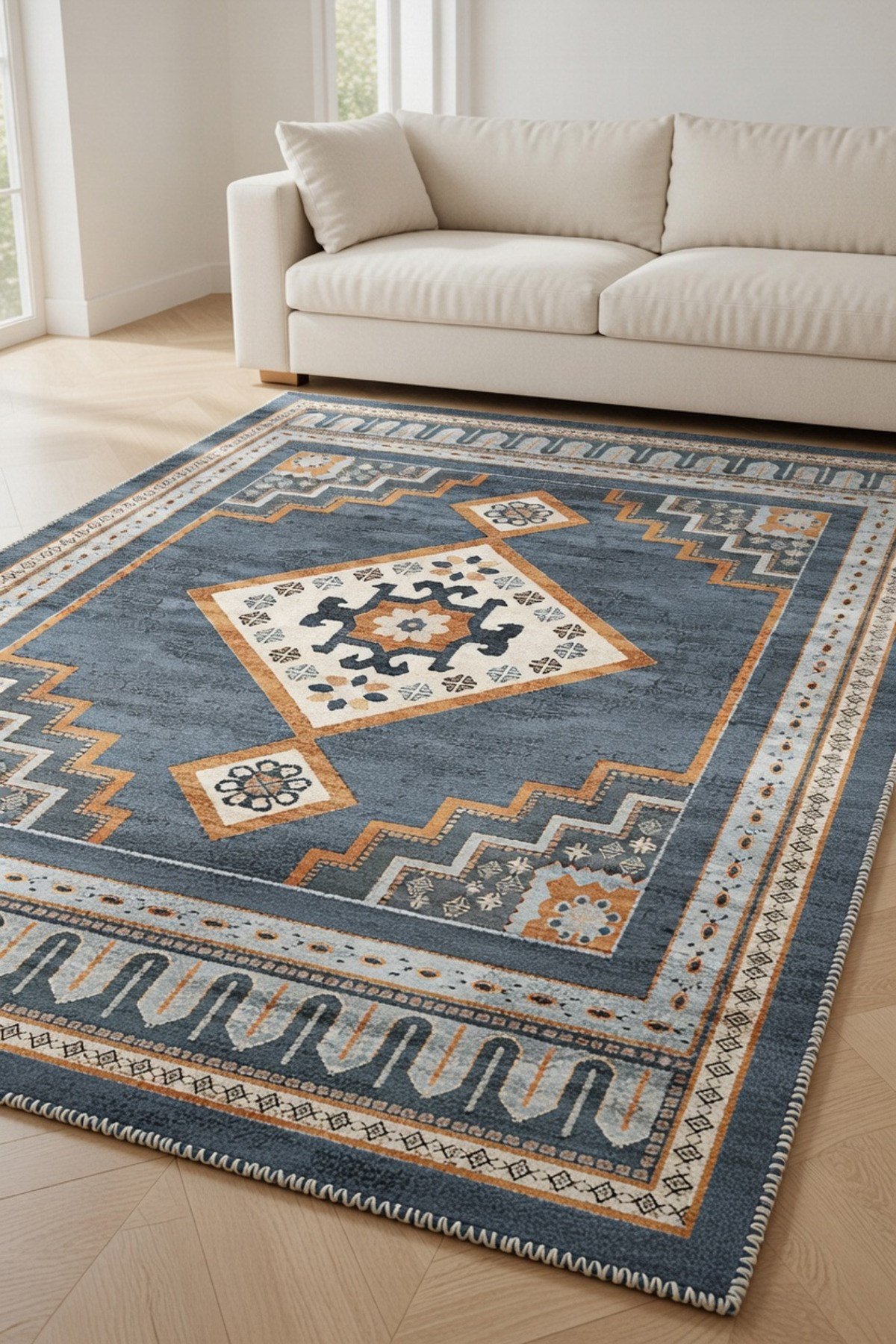Antrasit Geometrik Madalyonlu Kaymaz Taban Salon Halısı 2279