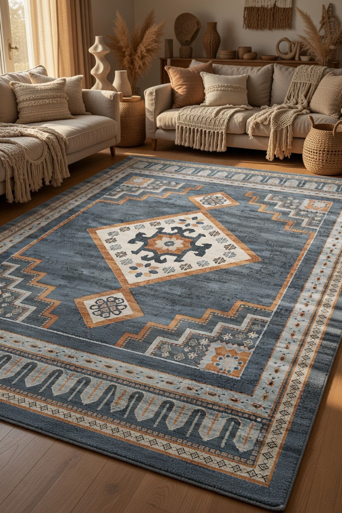 Antrasit Geometrik Madalyonlu Kaymaz Taban Salon Halısı 2279