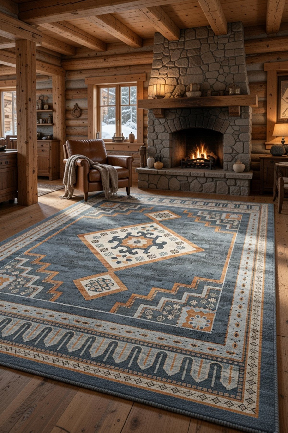 Antrasit Geometrik Madalyonlu Kaymaz Taban Salon Halısı 2279