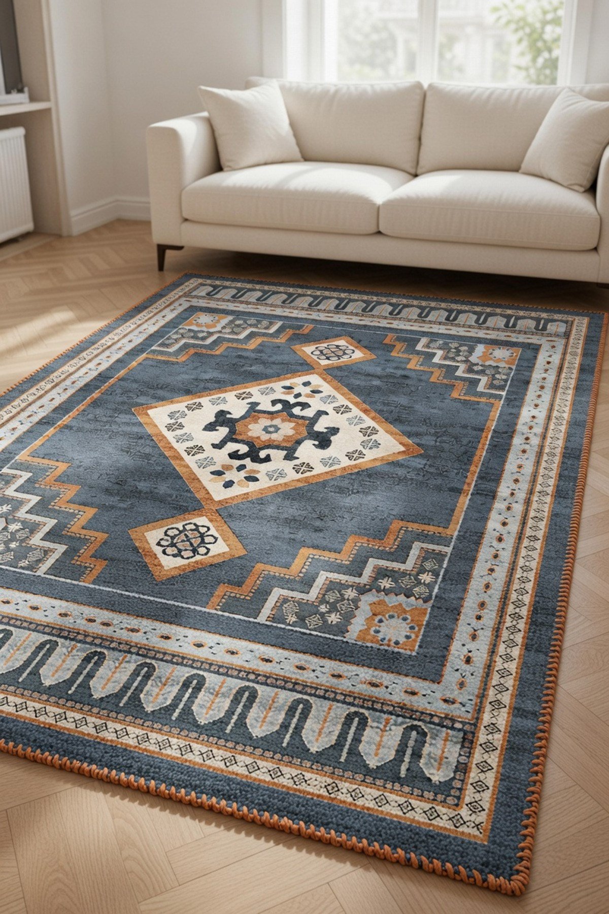 Antrasit Geometrik Madalyonlu Kaymaz Taban Salon Halısı 2279