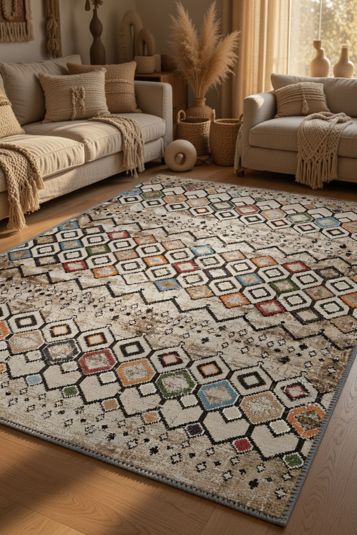 Bej Zeminli Renkli Baklava Desenli Etnik Modern Vintage Görünümlü Dekoratif Salon Halısı 2131