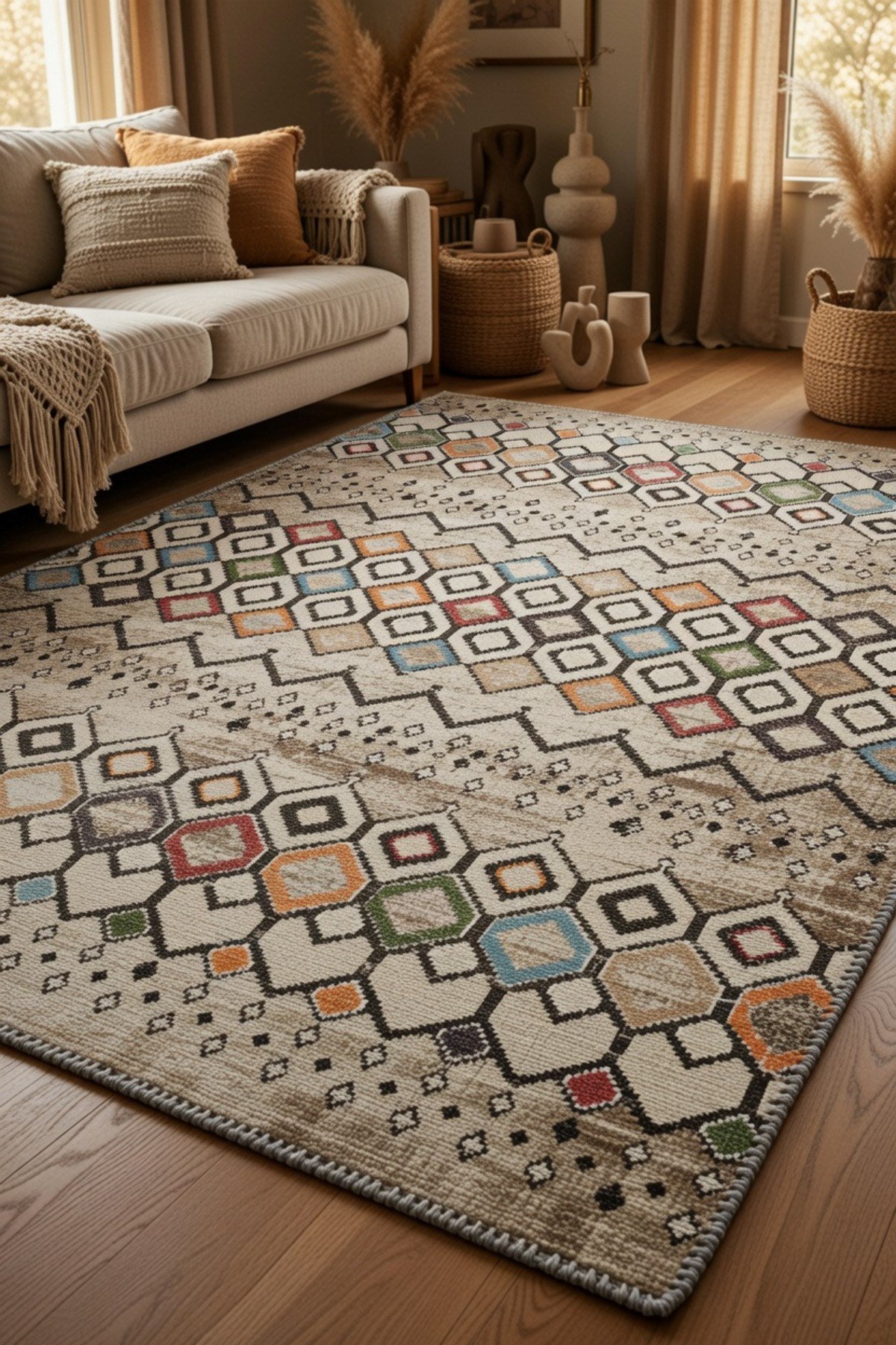 Bej Zeminli Renkli Baklava Desenli Etnik Modern Vintage Görünümlü Dekoratif Salon Halısı 2131