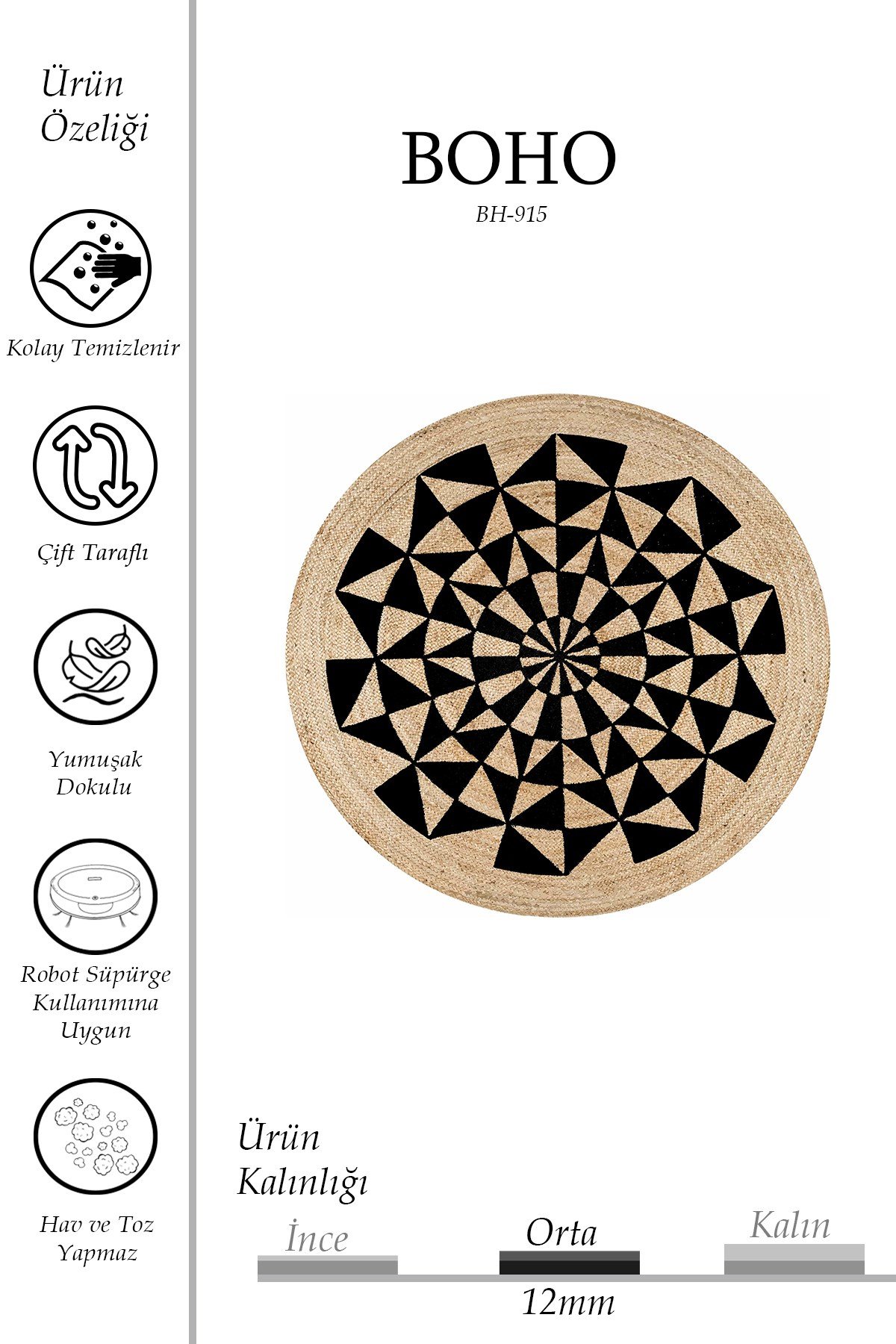 Boho 915 Geometrik Desen Baskılı Örgü Yuvarlak Natural Çift Taraflı Halı
