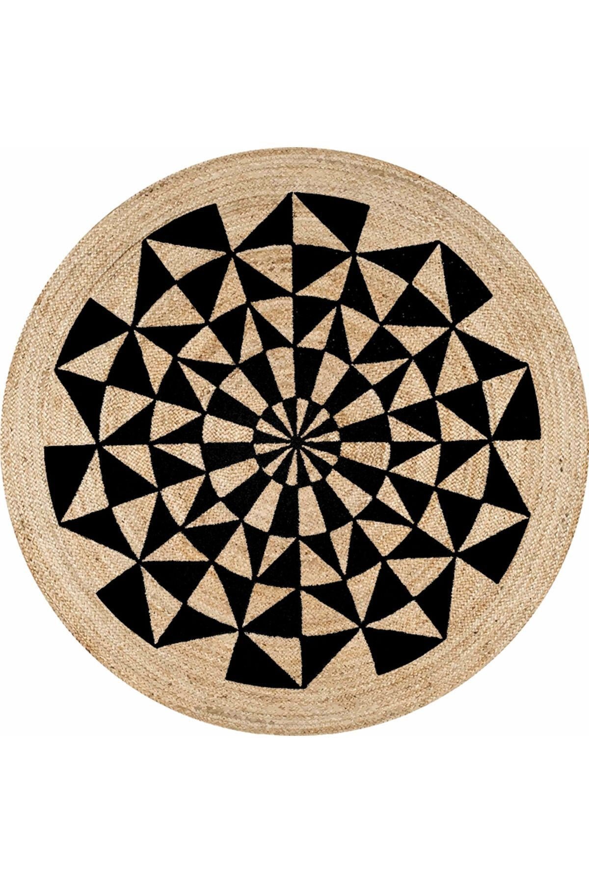 Boho 915 Geometrik Desen Baskılı Örgü Yuvarlak Natural Çift Taraflı Halı