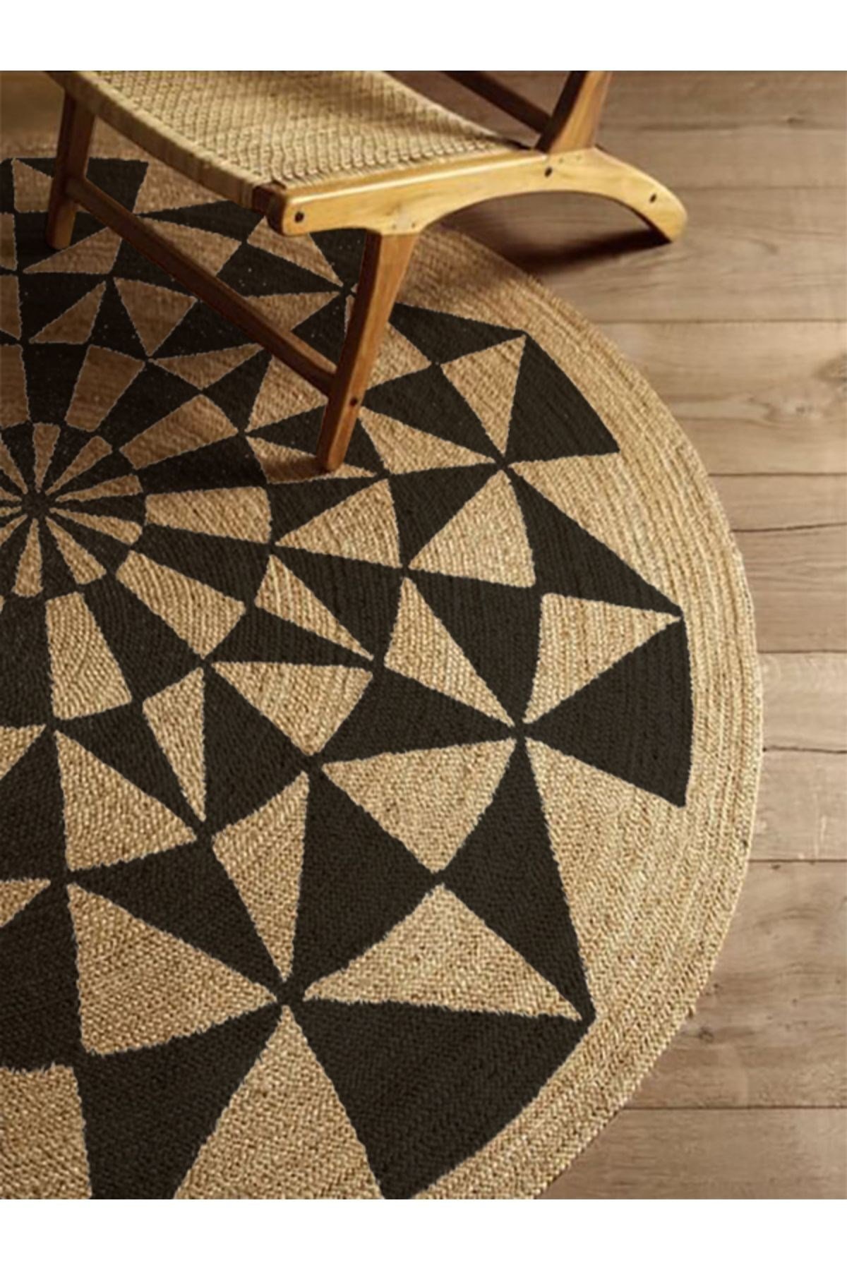 Boho 915 Geometrik Desen Baskılı Örgü Yuvarlak Natural Çift Taraflı Halı