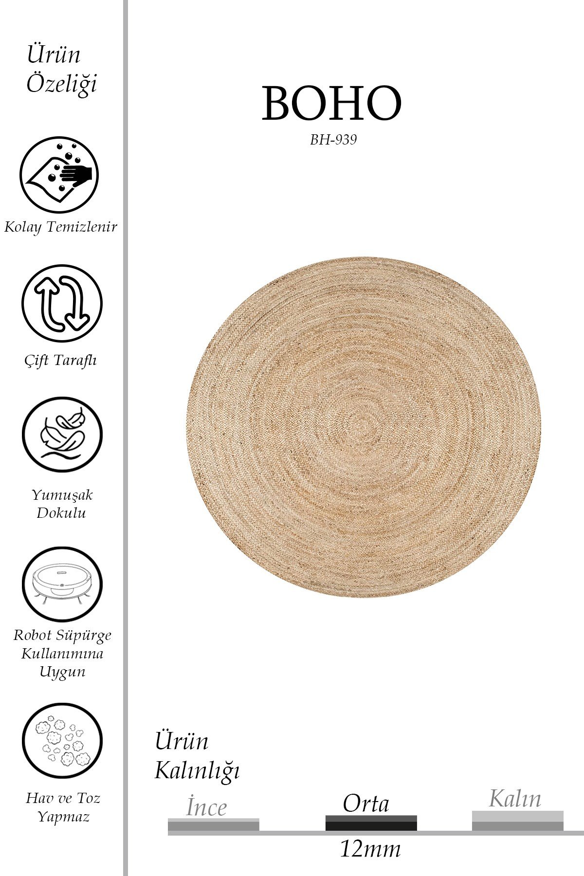 Boho 939 Doğal Hasır Jüt Desenli Örgü Yuvarlak Natural Çift Taraflı Halı