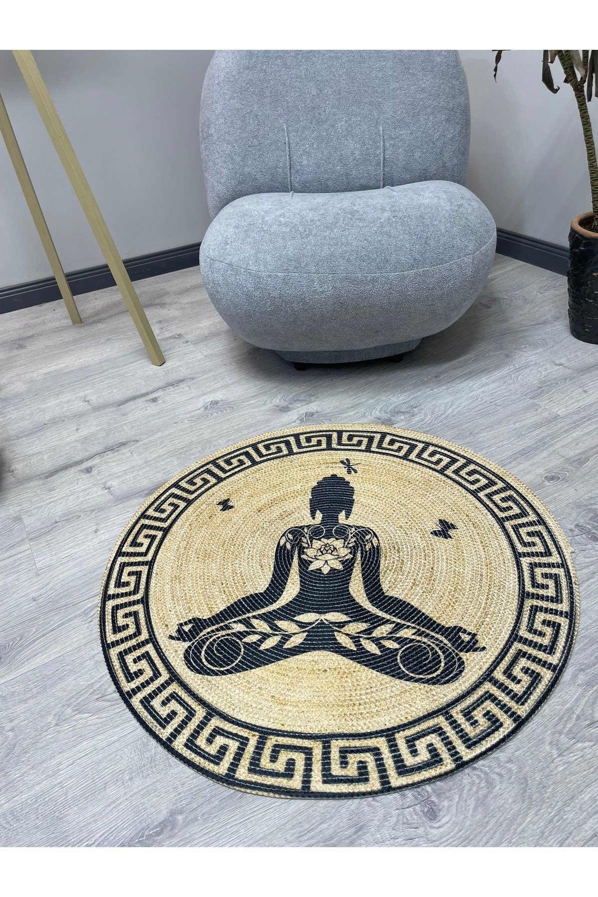 Boho 946 Yogo Yapan Kadın Baskılı Örgü Yuvarlak Natural Çift Taraflı Halı
