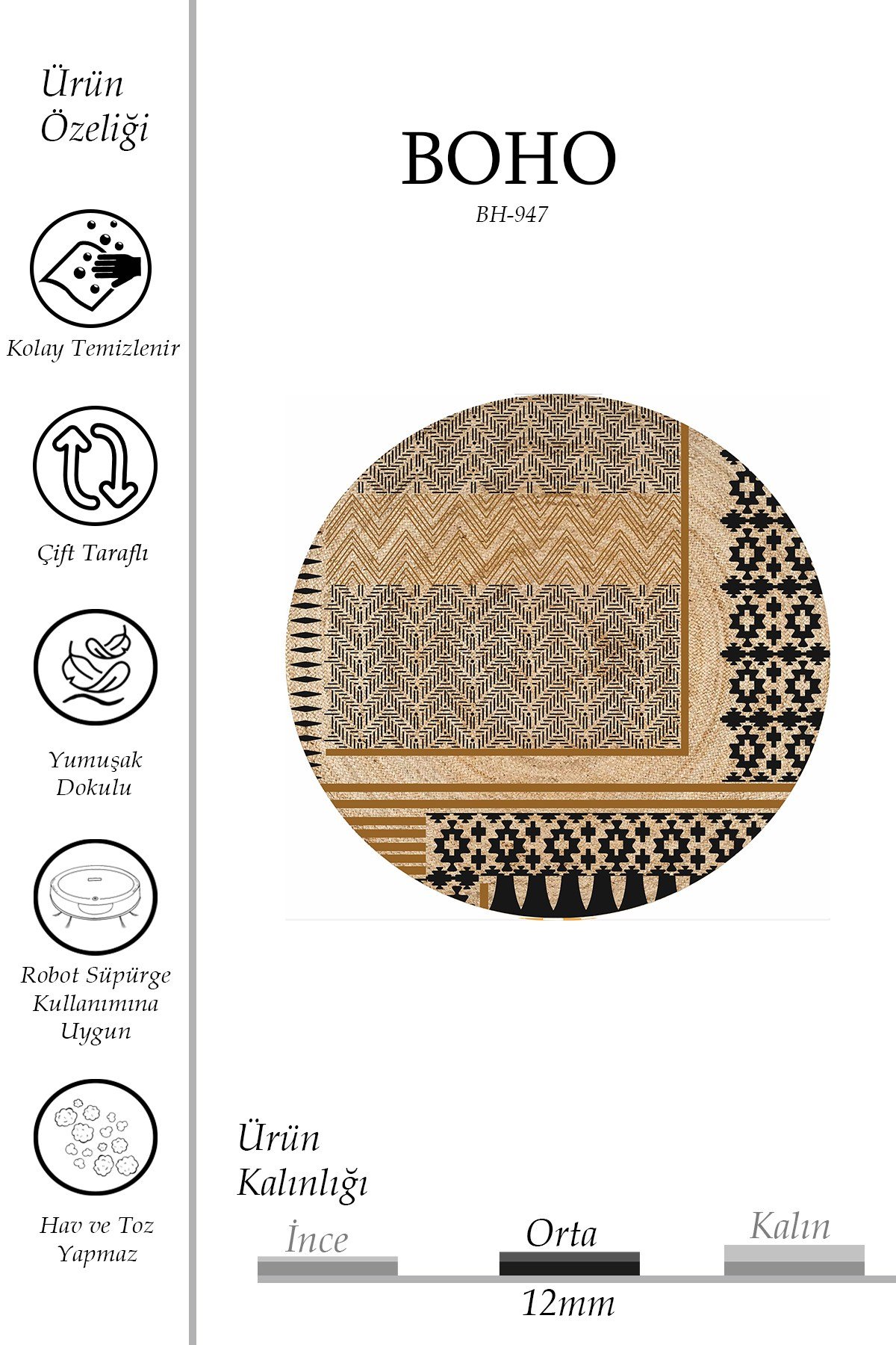 Boho 947 Geometrik Ve Etnik Baskılı Örgü Yuvarlak Natural Çift Taraflı Halı