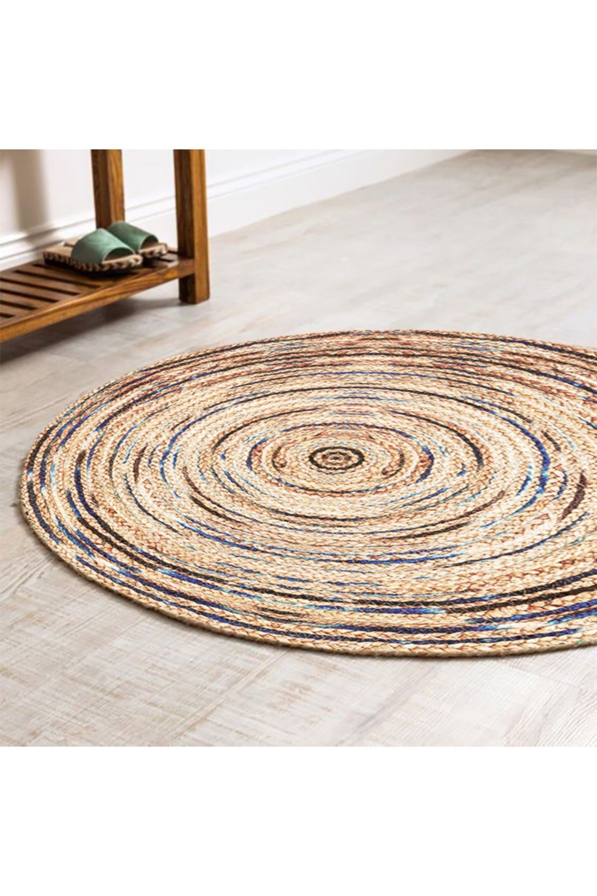 Boho 948 Jüt Rengi Ve Desenli Örgü Yuvarlak Natural Çift Taraflı Halı