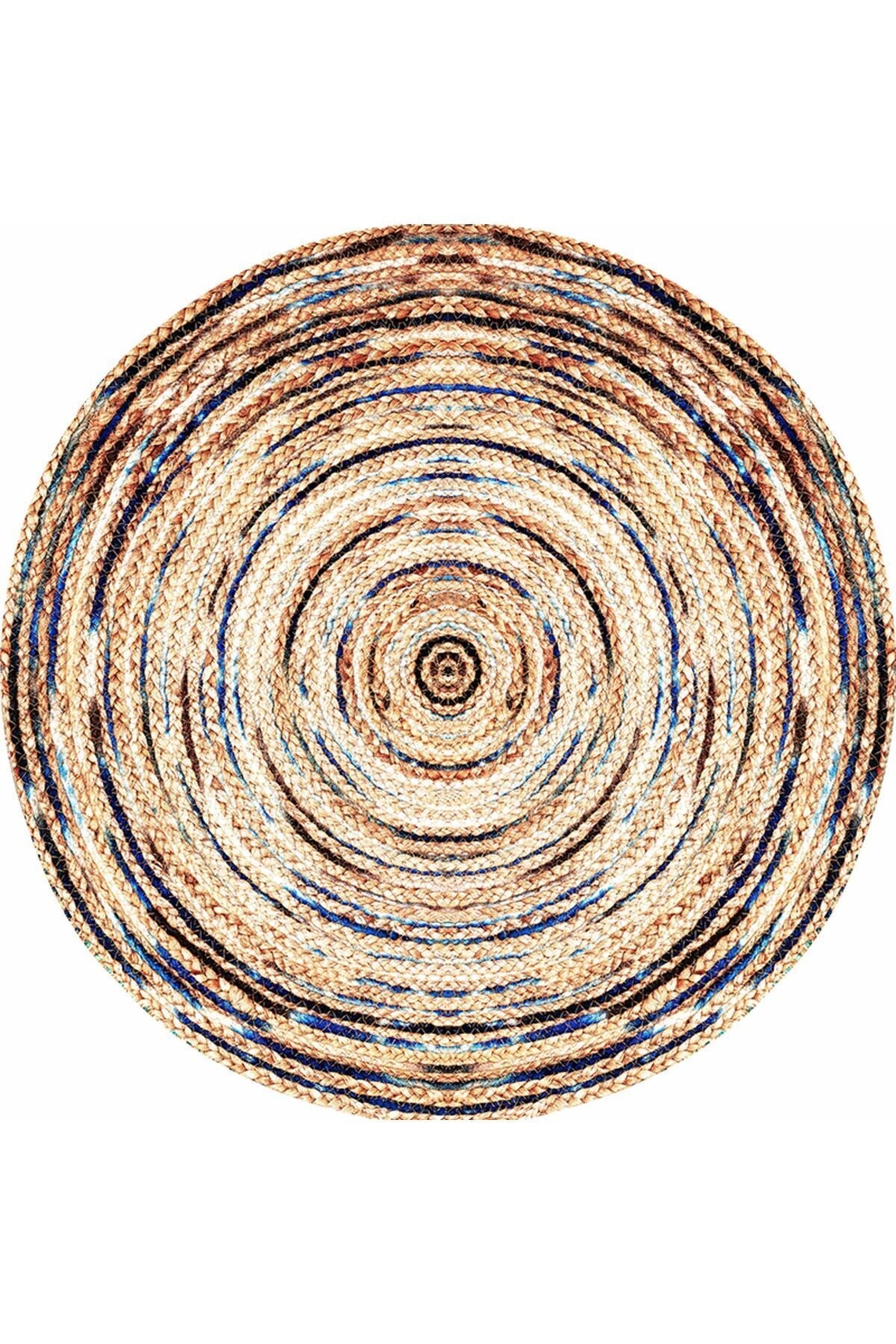 Boho 948 Jüt Rengi Ve Desenli Örgü Yuvarlak Natural Çift Taraflı Halı