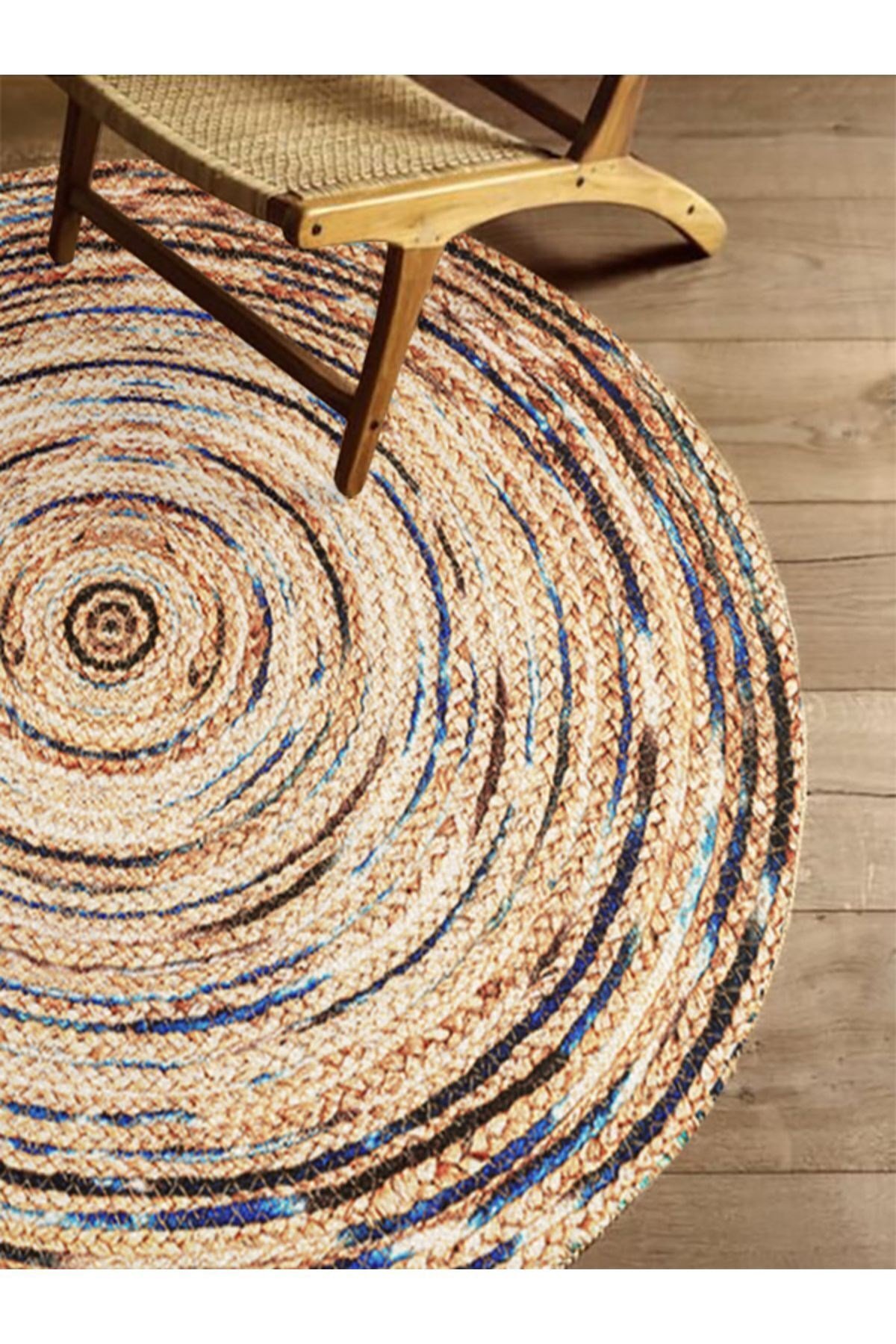 Boho 948 Jüt Rengi Ve Desenli Örgü Yuvarlak Natural Çift Taraflı Halı