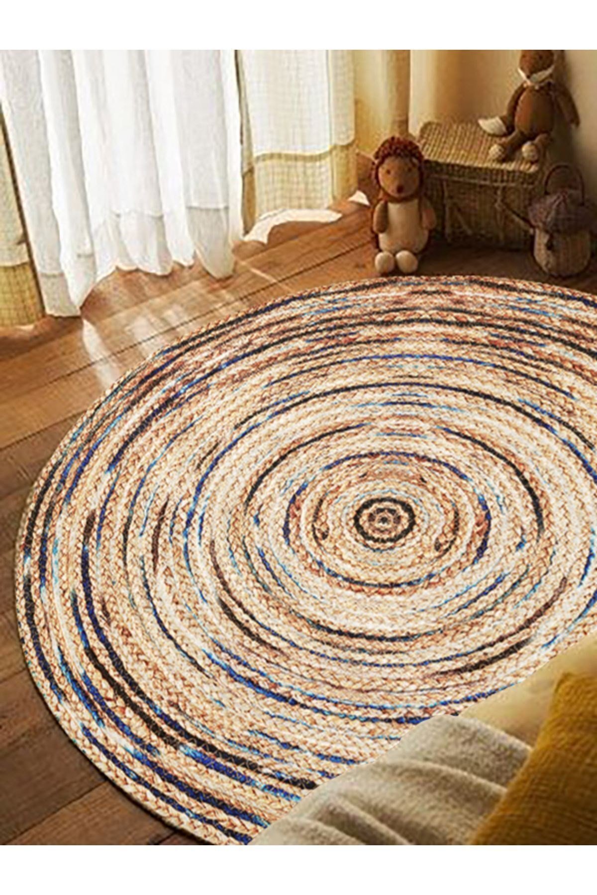 Boho 948 Jüt Rengi Ve Desenli Örgü Yuvarlak Natural Çift Taraflı Halı