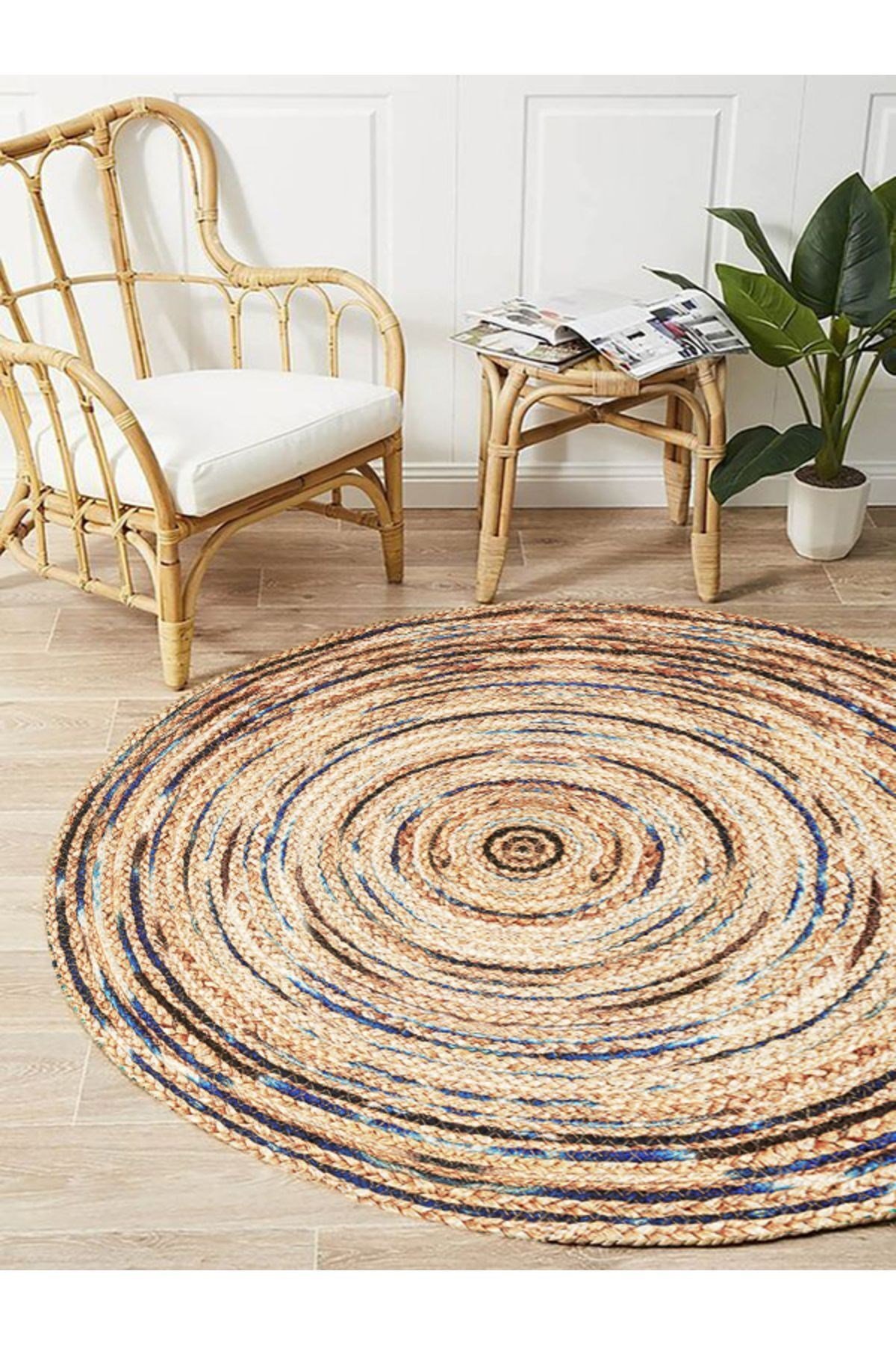 Boho 948 Jüt Rengi Ve Desenli Örgü Yuvarlak Natural Çift Taraflı Halı