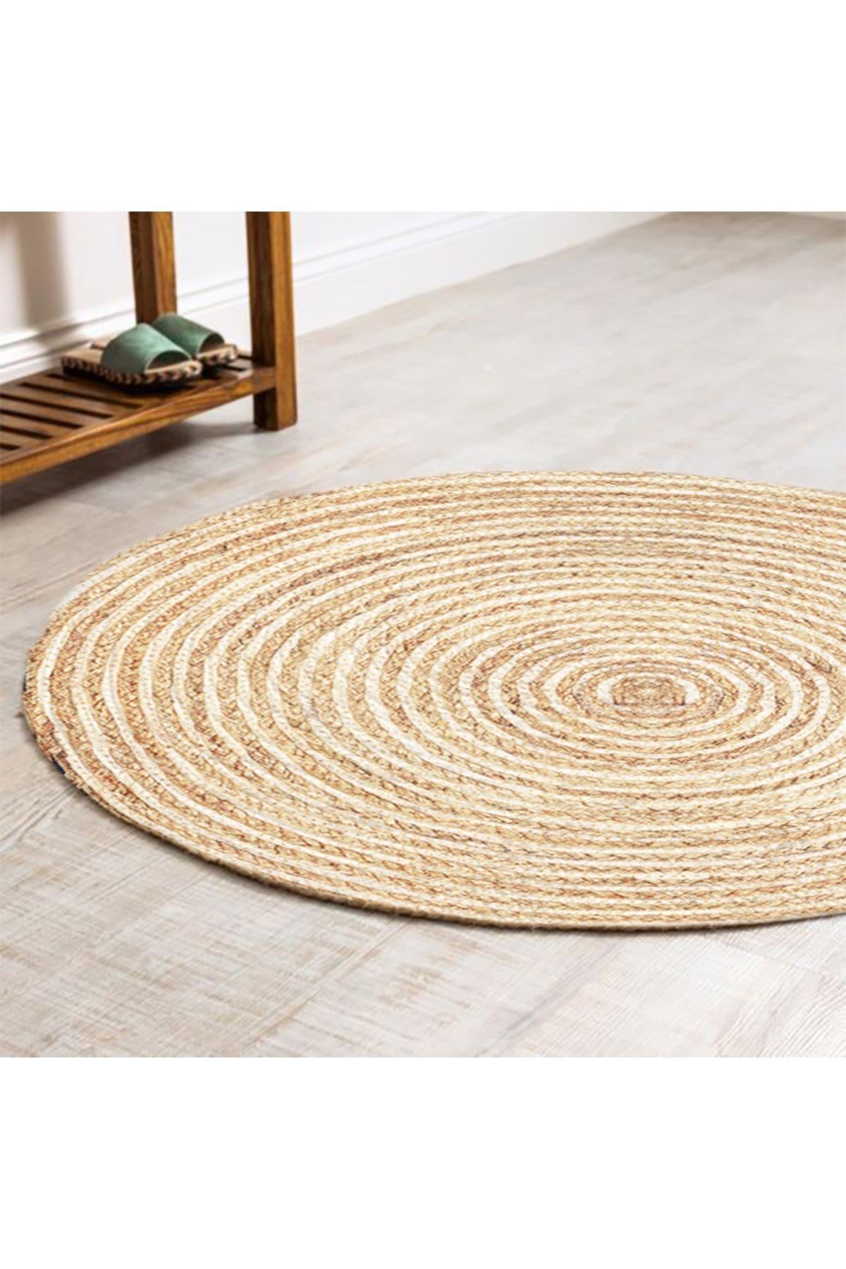 Boho 949 Jüt Rengi Örgü Yuvarlak Natural Çift Taraflı Halı
