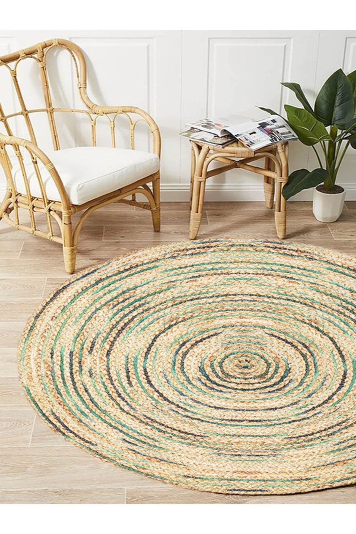 Boho 950 Jüt Rengi Ve Yeşil Desenli Örgü Yuvarlak Natural Çift Taraflı Halı