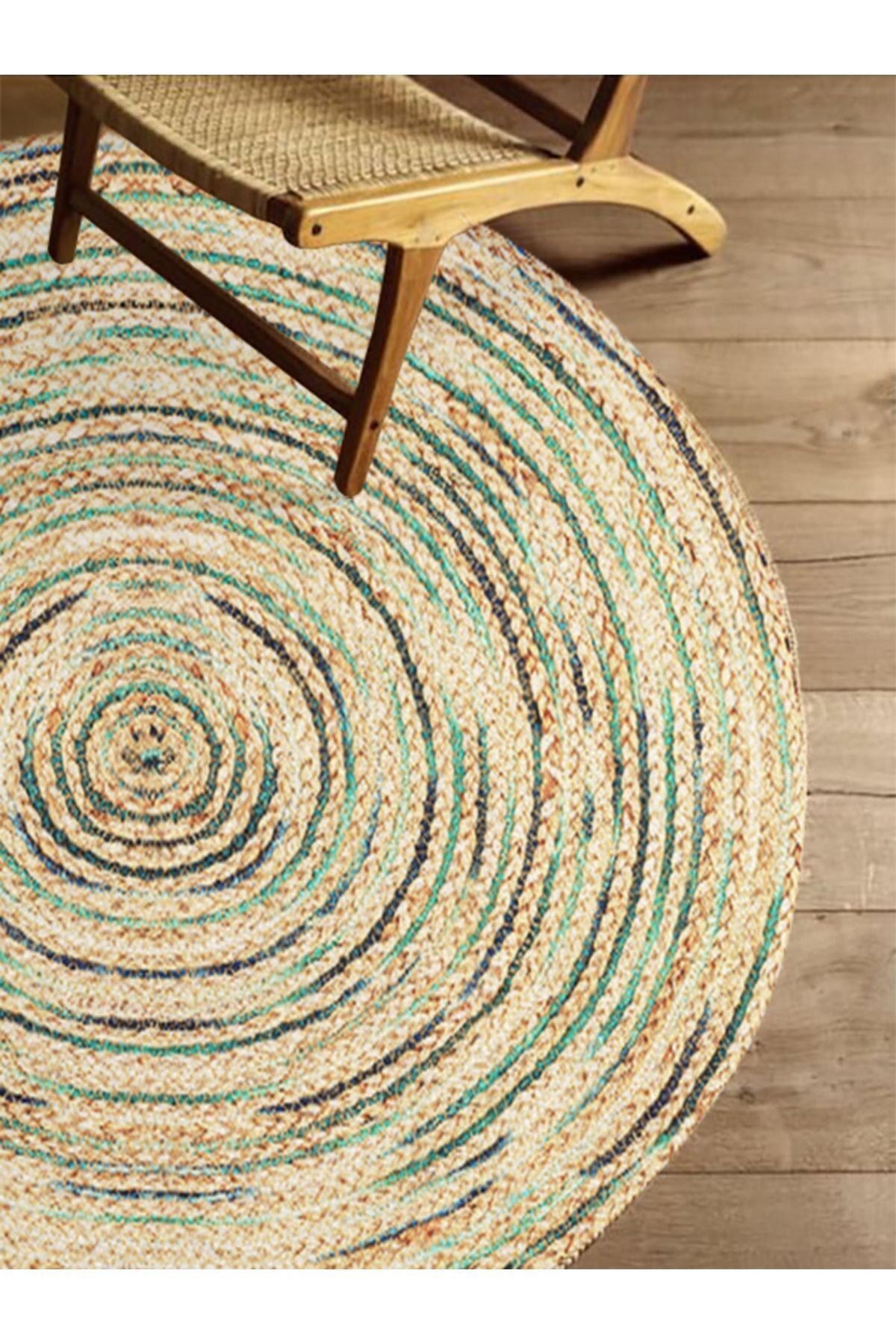 Boho 950 Jüt Rengi Ve Yeşil Desenli Örgü Yuvarlak Natural Çift Taraflı Halı