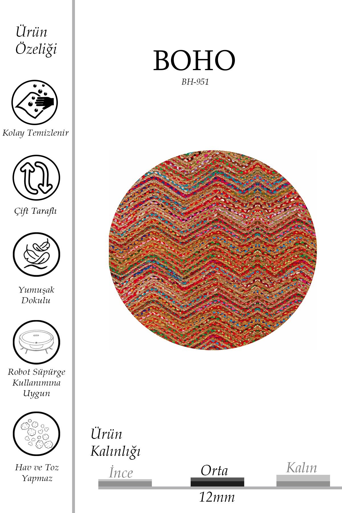 Boho 951 Multy Zigzag Desenli Jüt Rengi Örgü Yuvarlak Natural Çift Taraflı Halı
