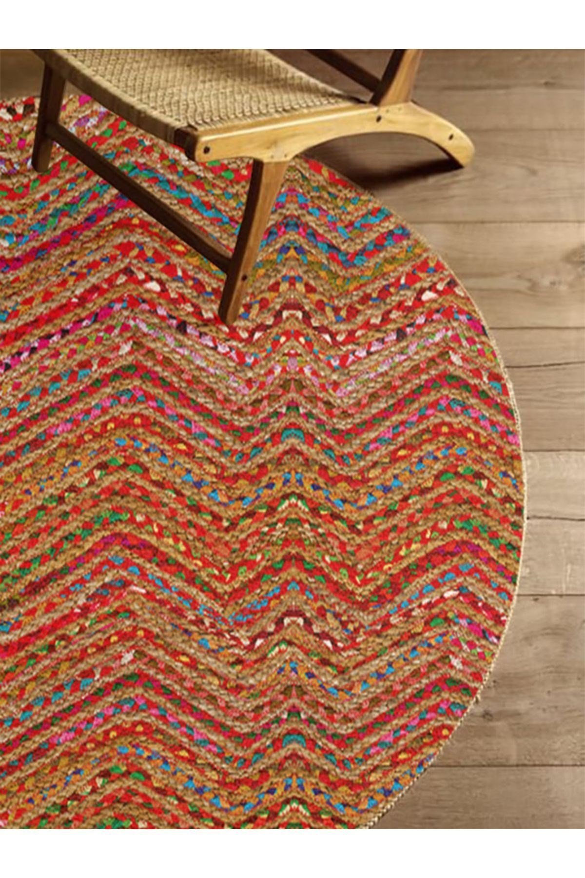 Boho 951 Multy Zigzag Desenli Jüt Rengi Örgü Yuvarlak Natural Çift Taraflı Halı