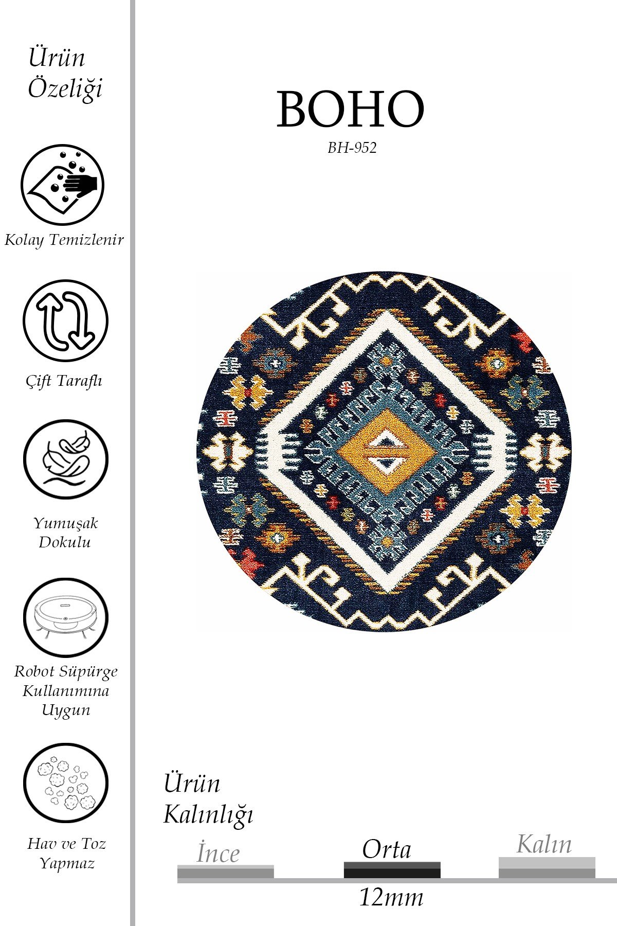 Boho 952 Lacivert Etnik Ve Geometrik Jüt Rengi Örgü Yuvarlak Natural Çift Taraflı Halı