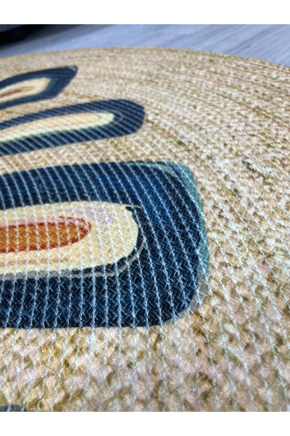 Boho 953 Multy Yaprak Desenli Jüt Rengi Örgü Yuvarlak Natural Çift Taraflı Halı