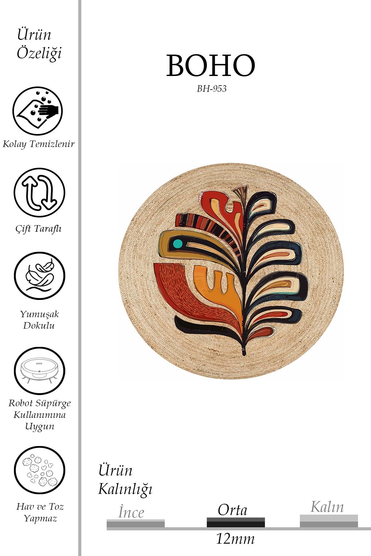 Boho 953 Multy Yaprak Desenli Jüt Rengi Örgü Yuvarlak Natural Çift Taraflı Halı