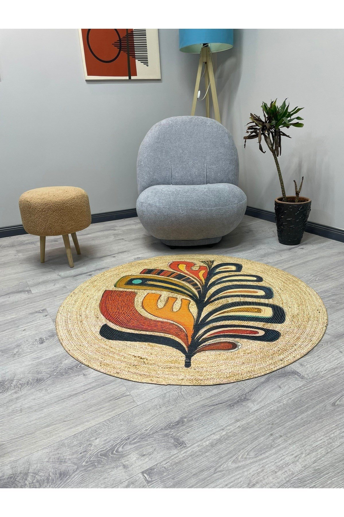 Boho 953 Multy Yaprak Desenli Jüt Rengi Örgü Yuvarlak Natural Çift Taraflı Halı