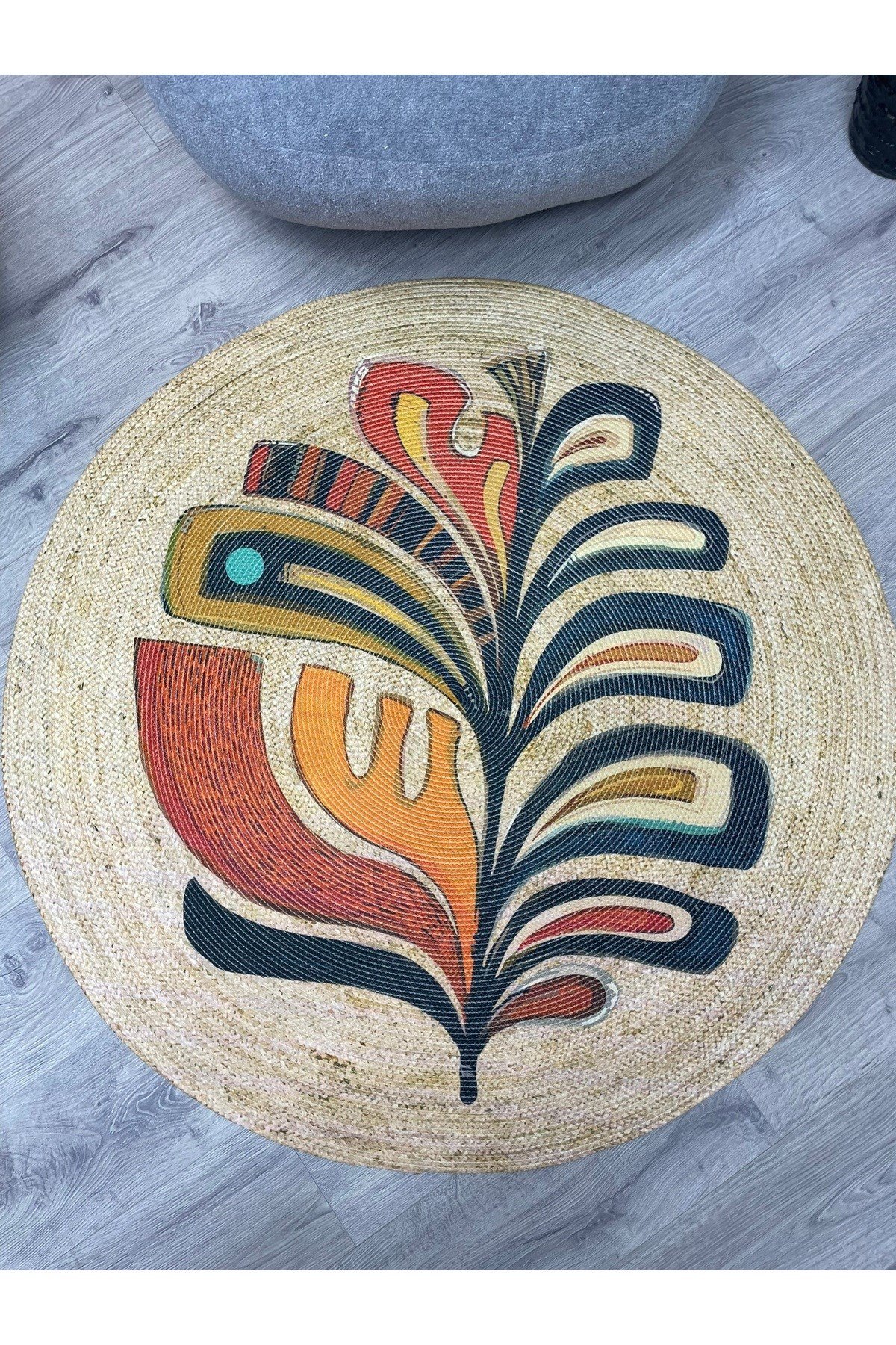 Boho 953 Multy Yaprak Desenli Jüt Rengi Örgü Yuvarlak Natural Çift Taraflı Halı